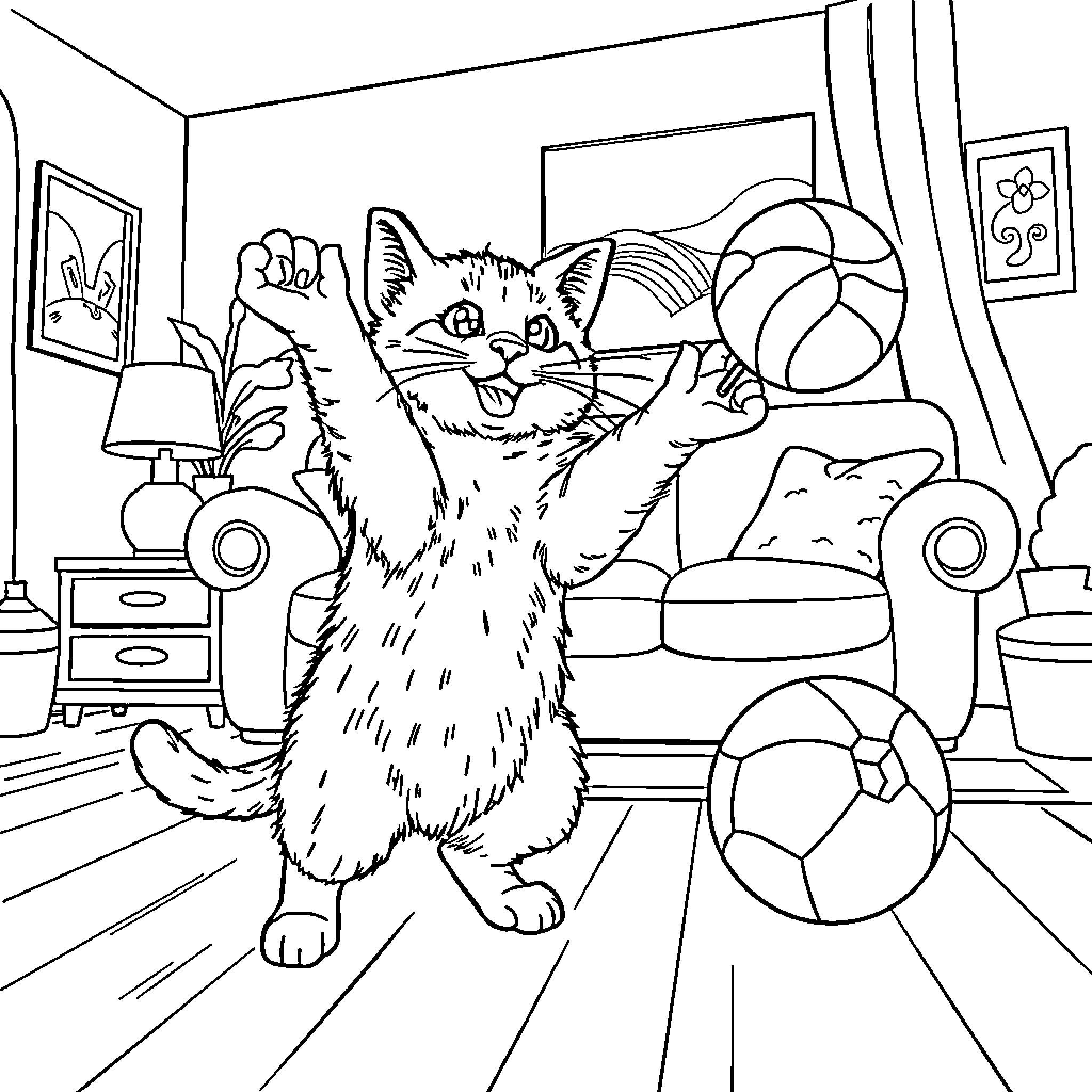 Cat playing with toys in a cozy room Coloring Page (free black-and-white line drawing printable PDF for all, from beginners to advanced learners, including children, teens, adults, and seniors)