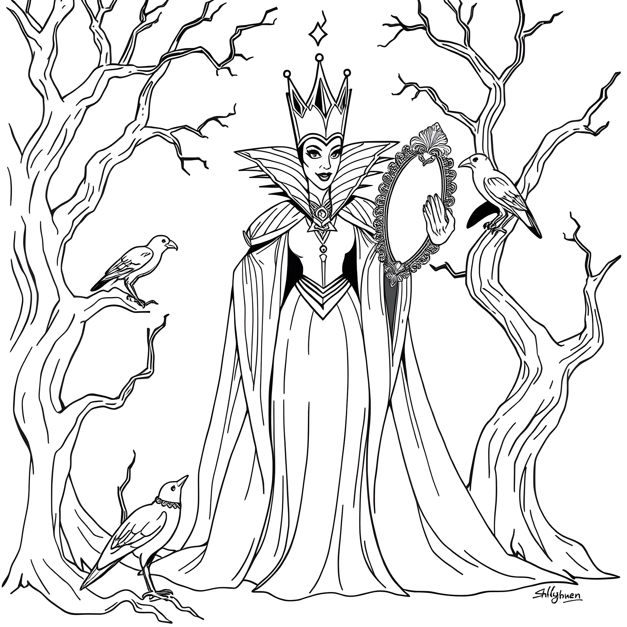 Snow White Evil Queen in the Enchanted Forest Coloring Page (free black-and-white line drawing printable PDF for all, from beginners to advanced learners, including children, teens, adults, and seniors)