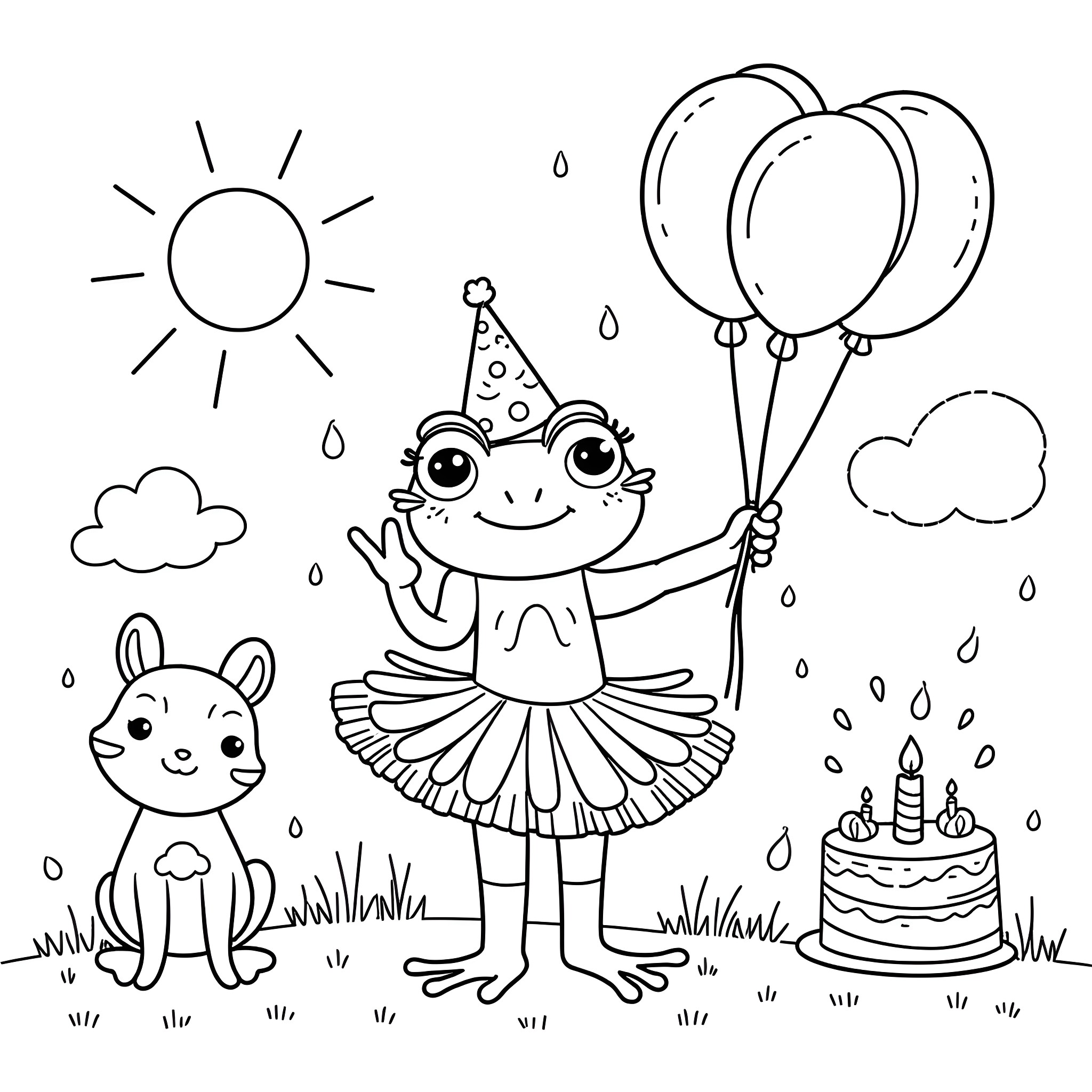 Frog ballerina celebrating birthday with bunny and balloons Coloring Page (free black-and-white line drawing printable PDF for all, from beginners to advanced learners, including children, teens, adults, and seniors)