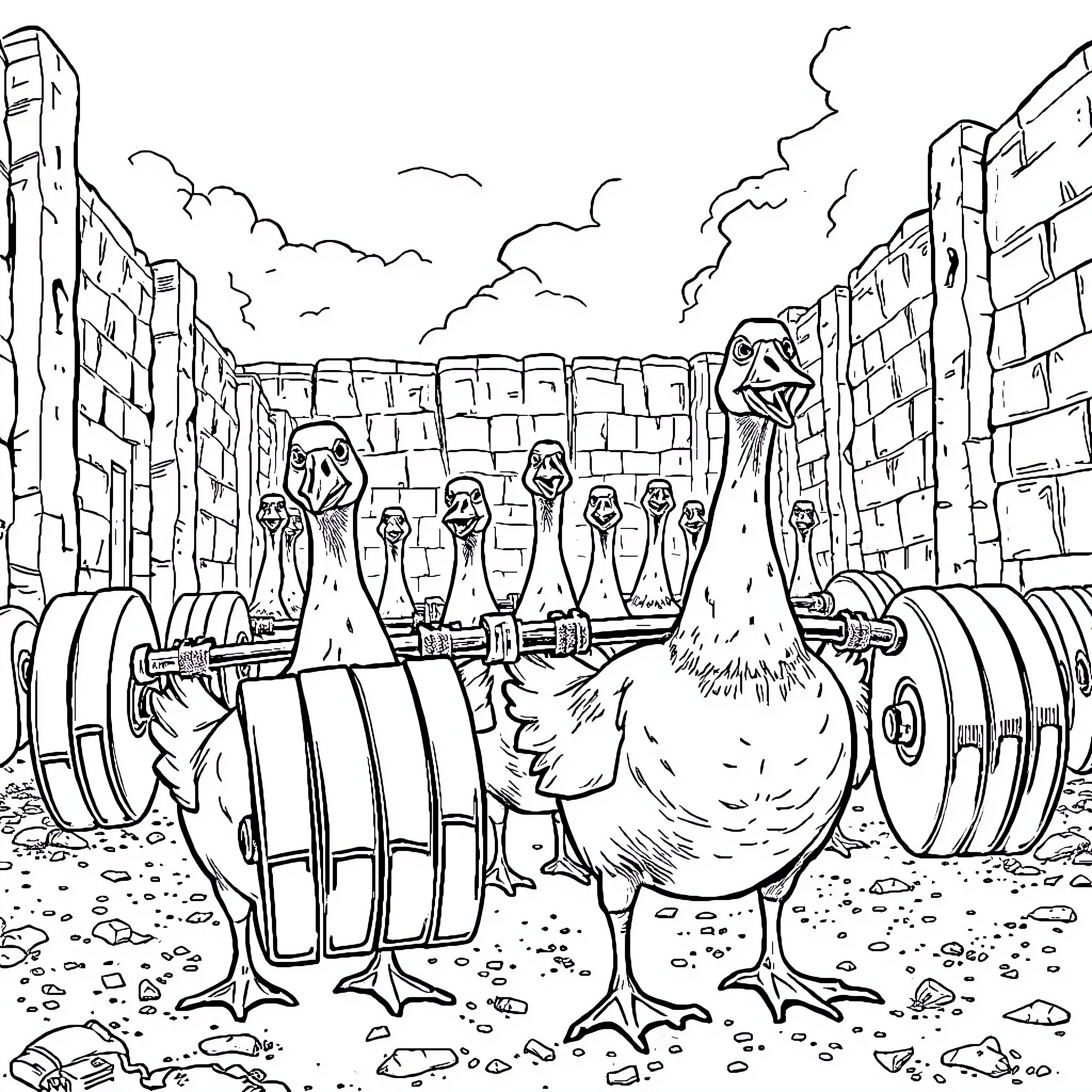 Goose exploring a ruined urban landscape Coloring Page (free black-and-white line drawing printable PDF for all, from beginners to advanced learners, including children, teens, adults, and seniors)