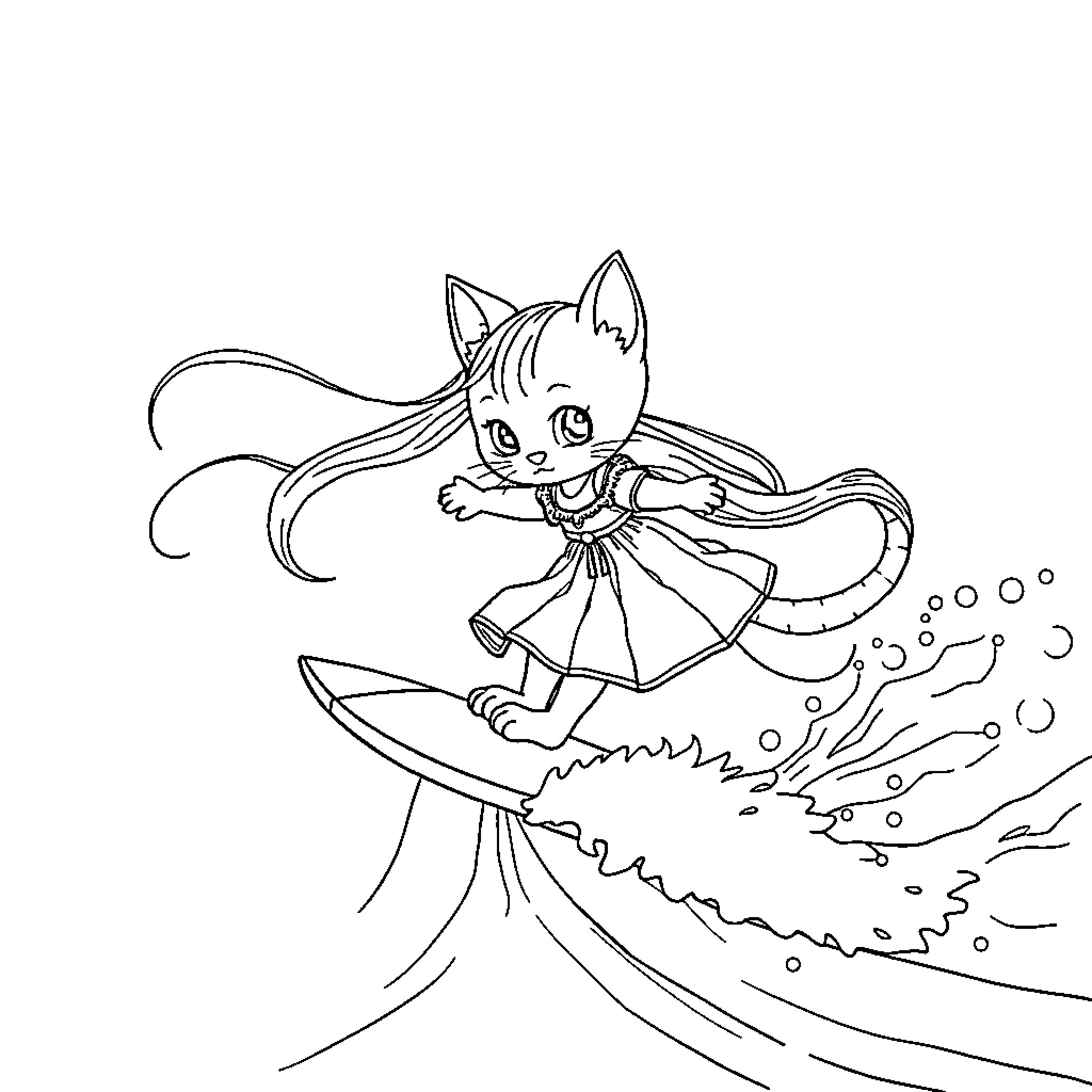 Kitten surfing on a wave Coloring Page (free black-and-white line drawing printable PDF for all, from beginners to advanced learners, including children, teens, adults, and seniors)