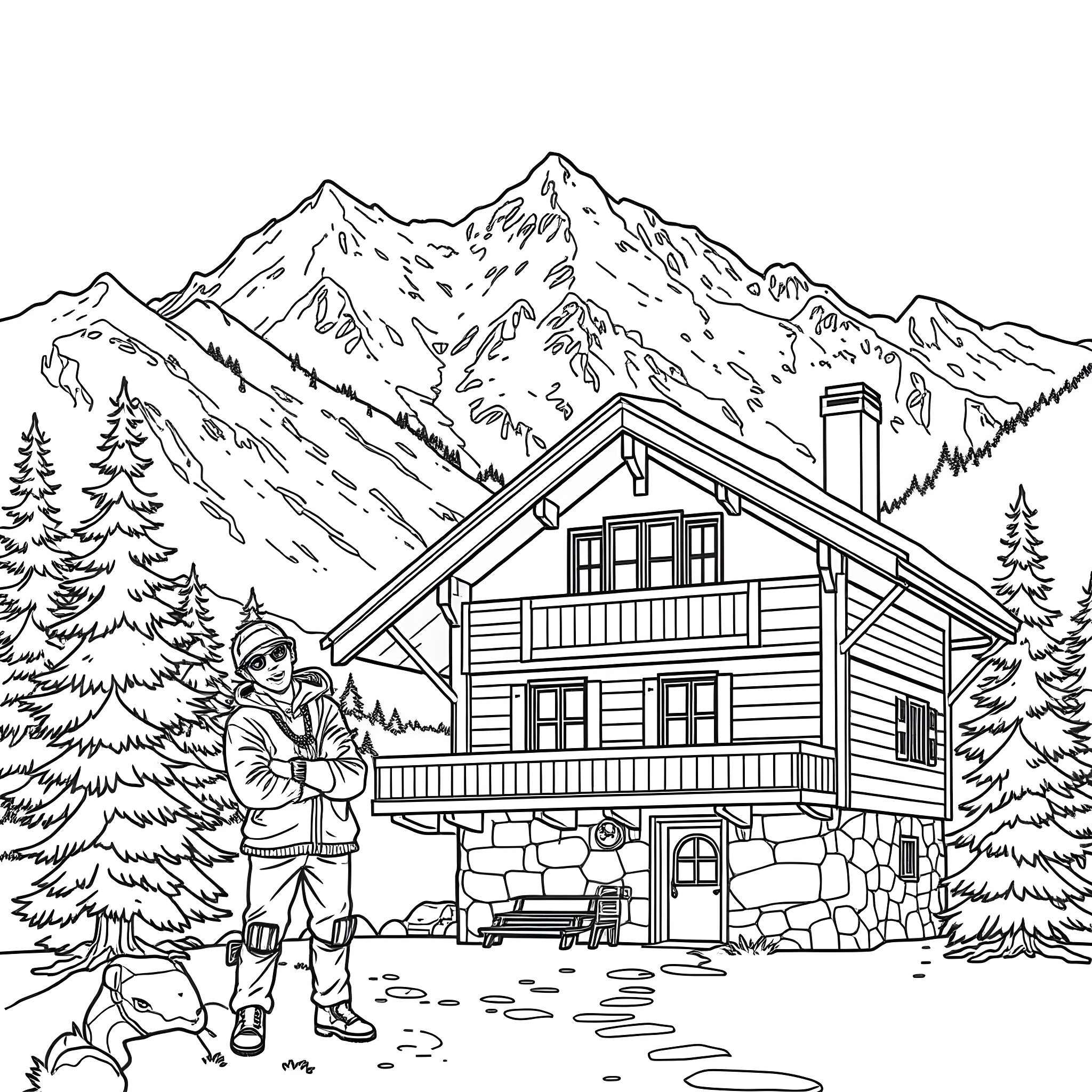 Rapper contemplating in a mountain chalet Coloring Page (free black-and-white line drawing printable PDF for all, from beginners to advanced learners, including children, teens, adults, and seniors)