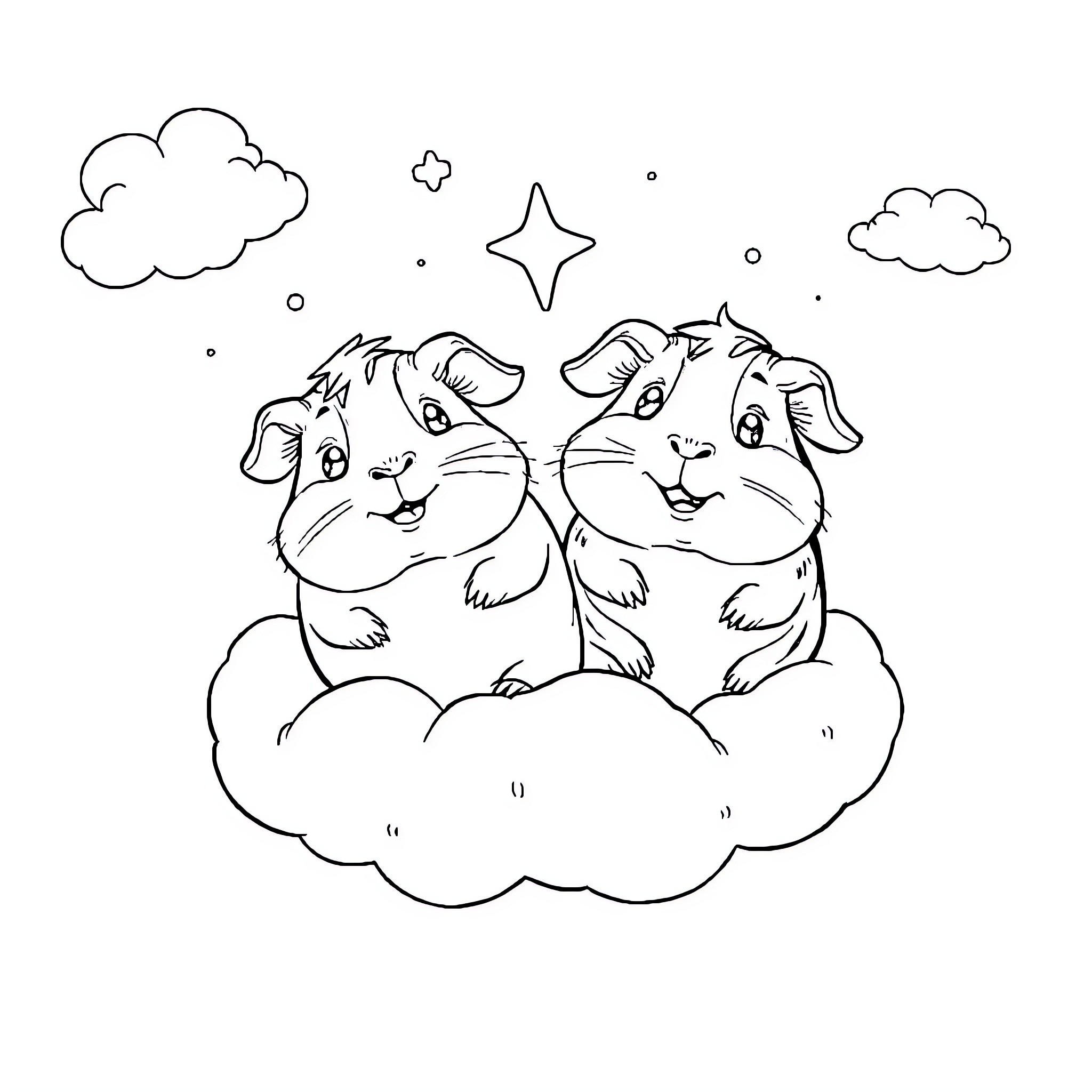 Guinea Pigs enjoying the starry night on a cloud Coloring Page (free black-and-white line drawing printable PDF for all, from beginners to advanced learners, including children, teens, adults, and seniors)