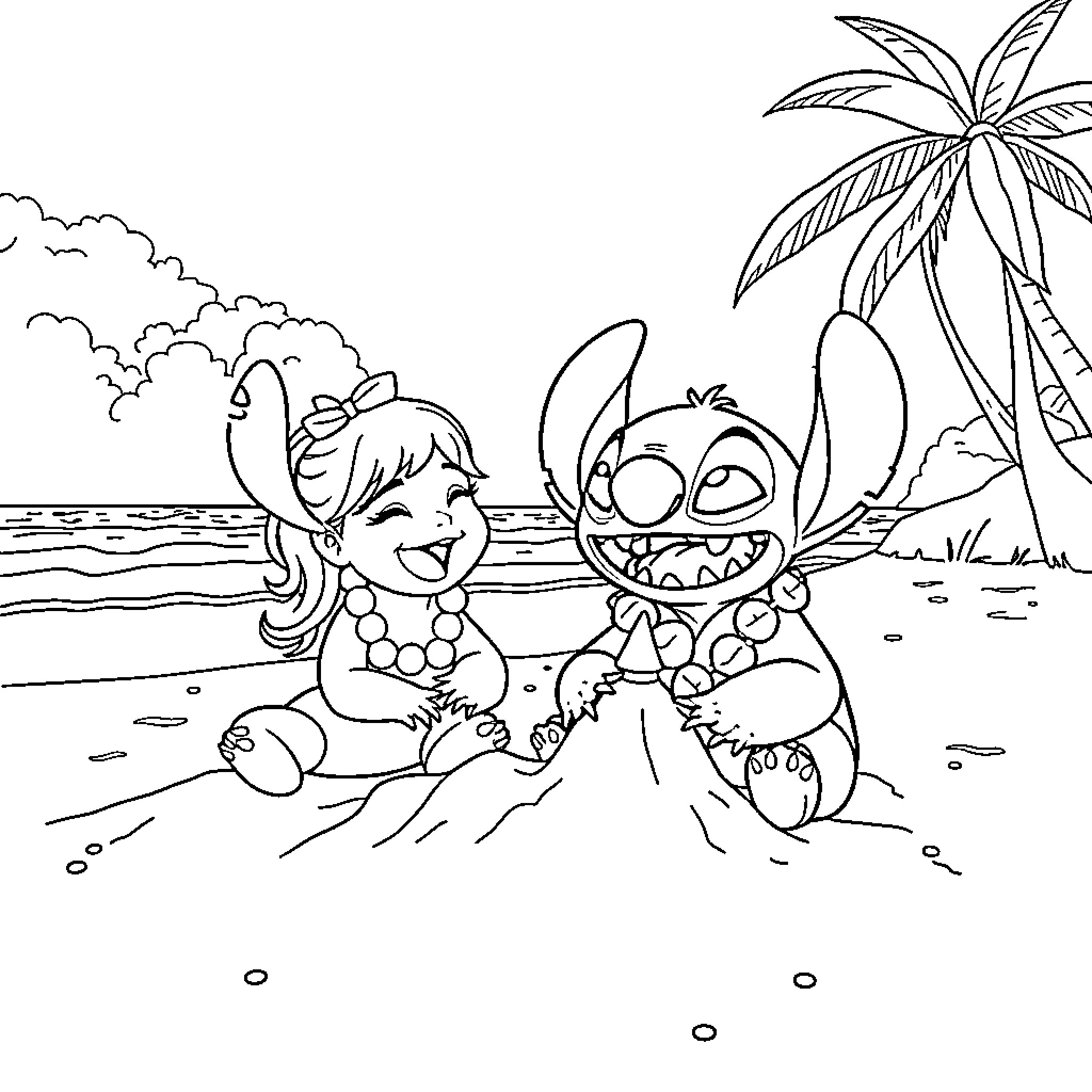 Lilo and Stitch Playing Joyfully on the Beach Coloring Page (free black-and-white line drawing printable PDF for all, from beginners to advanced learners, including children, teens, adults, and seniors)