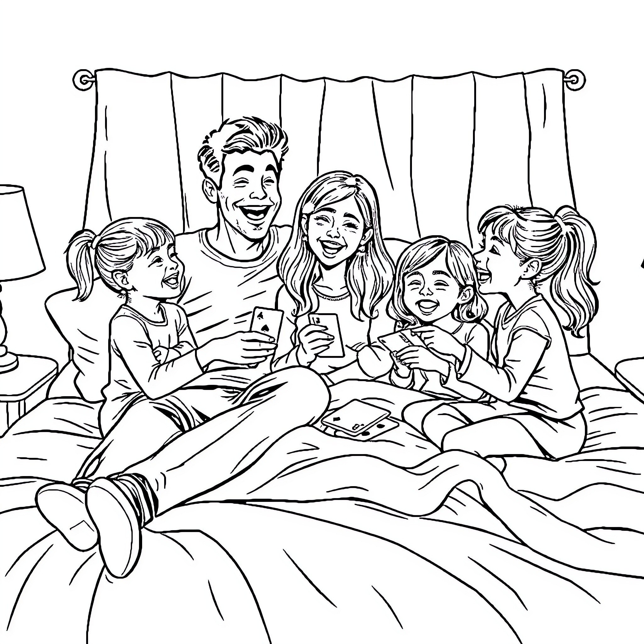 Family enjoying quality time together Coloring Page (free black-and-white line drawing printable PDF for all, from beginners to advanced learners, including children, teens, adults, and seniors)