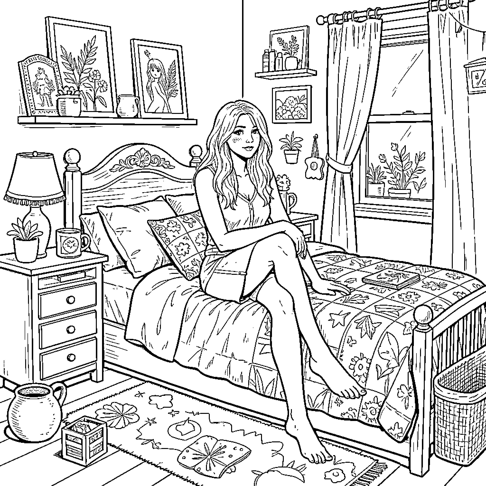 Kira sitting relaxed on her cozy bedroom bed Coloring Page (free black-and-white line drawing printable PDF for all, from beginners to advanced learners, including children, teens, adults, and seniors)