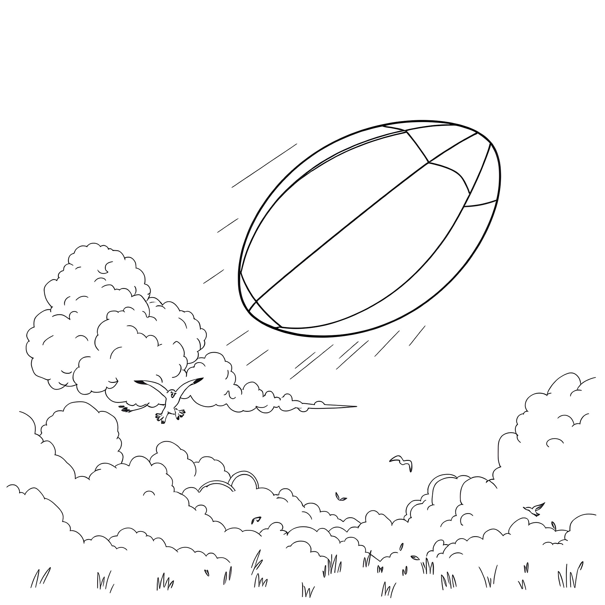 Rugby Ball soaring through the cloudy sky Coloring Page (free black-and-white line drawing printable PDF for all, from beginners to advanced learners, including children, teens, adults, and seniors)