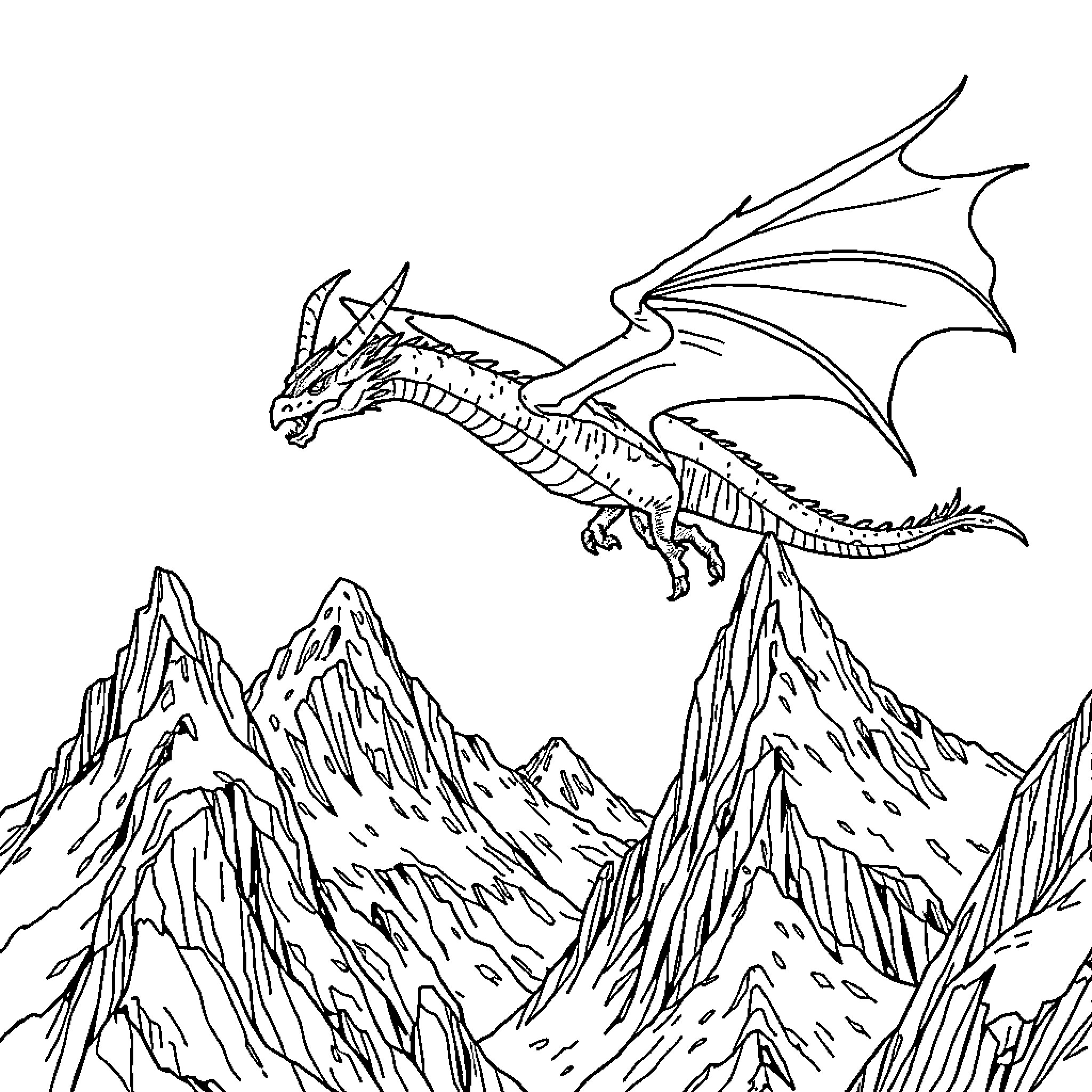 Dragon soaring over rugged mountain landscape Coloring Page (free black-and-white line drawing printable PDF for all, from beginners to advanced learners, including children, teens, adults, and seniors)