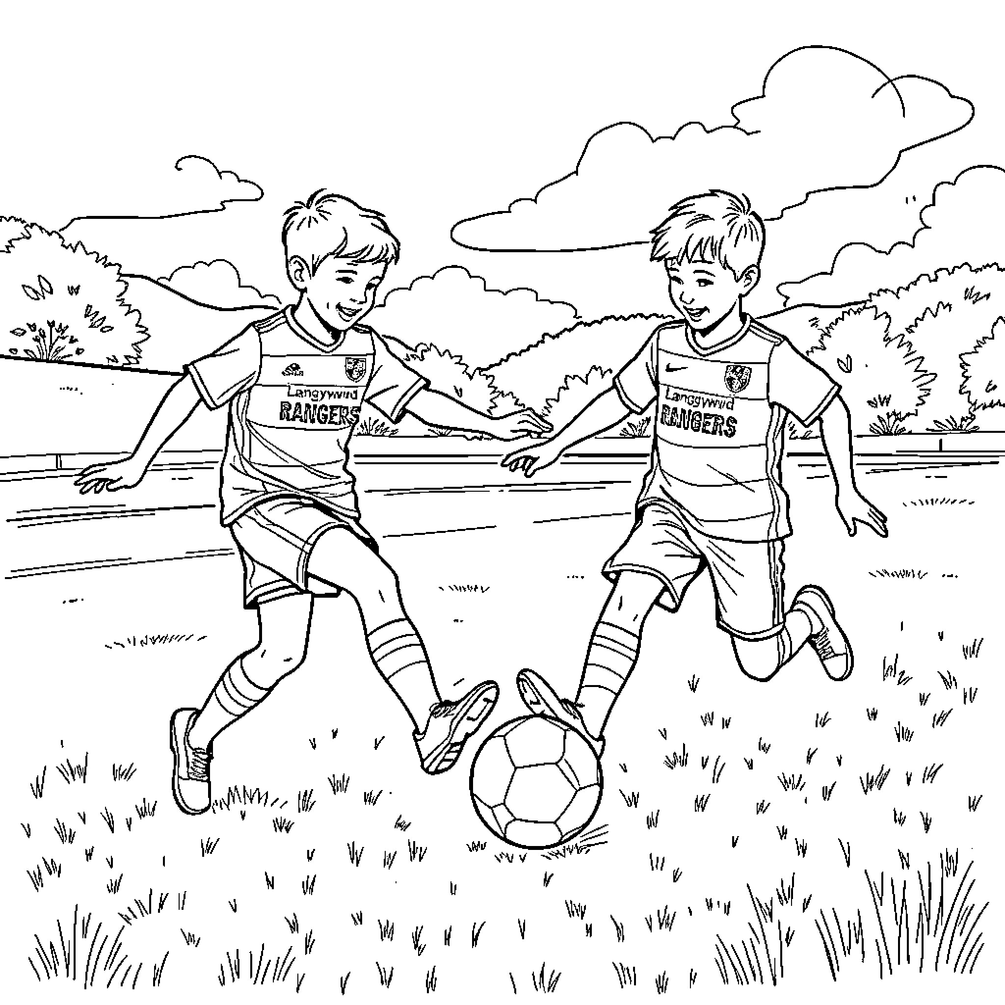 Boys playing energetically with soccer ball in field Coloring Page (free black-and-white line drawing printable PDF for all, from beginners to advanced learners, including children, teens, adults, and seniors)