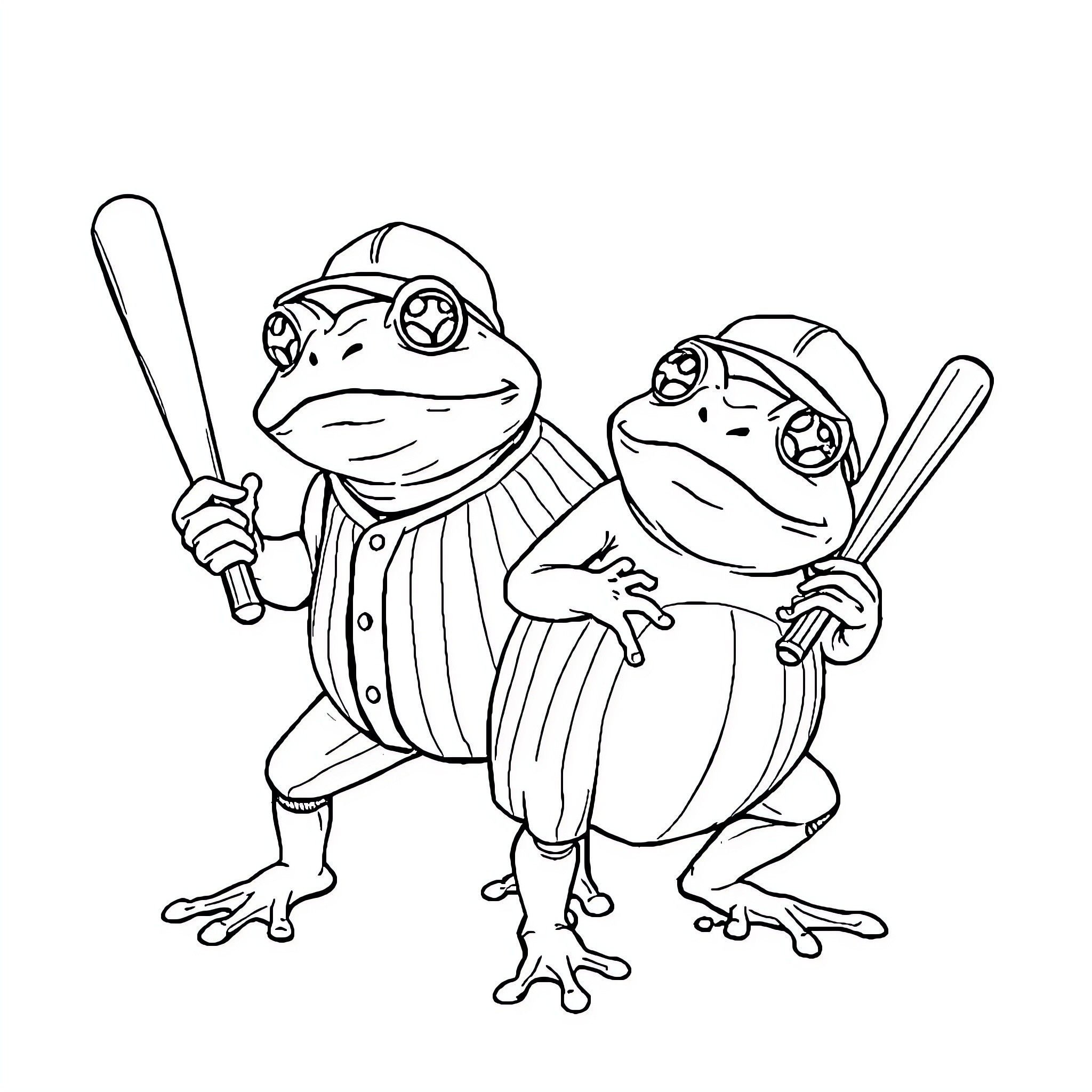 Frog baseball players with bats Coloring Page (free black-and-white line drawing printable PDF for all, from beginners to advanced learners, including children, teens, adults, and seniors)