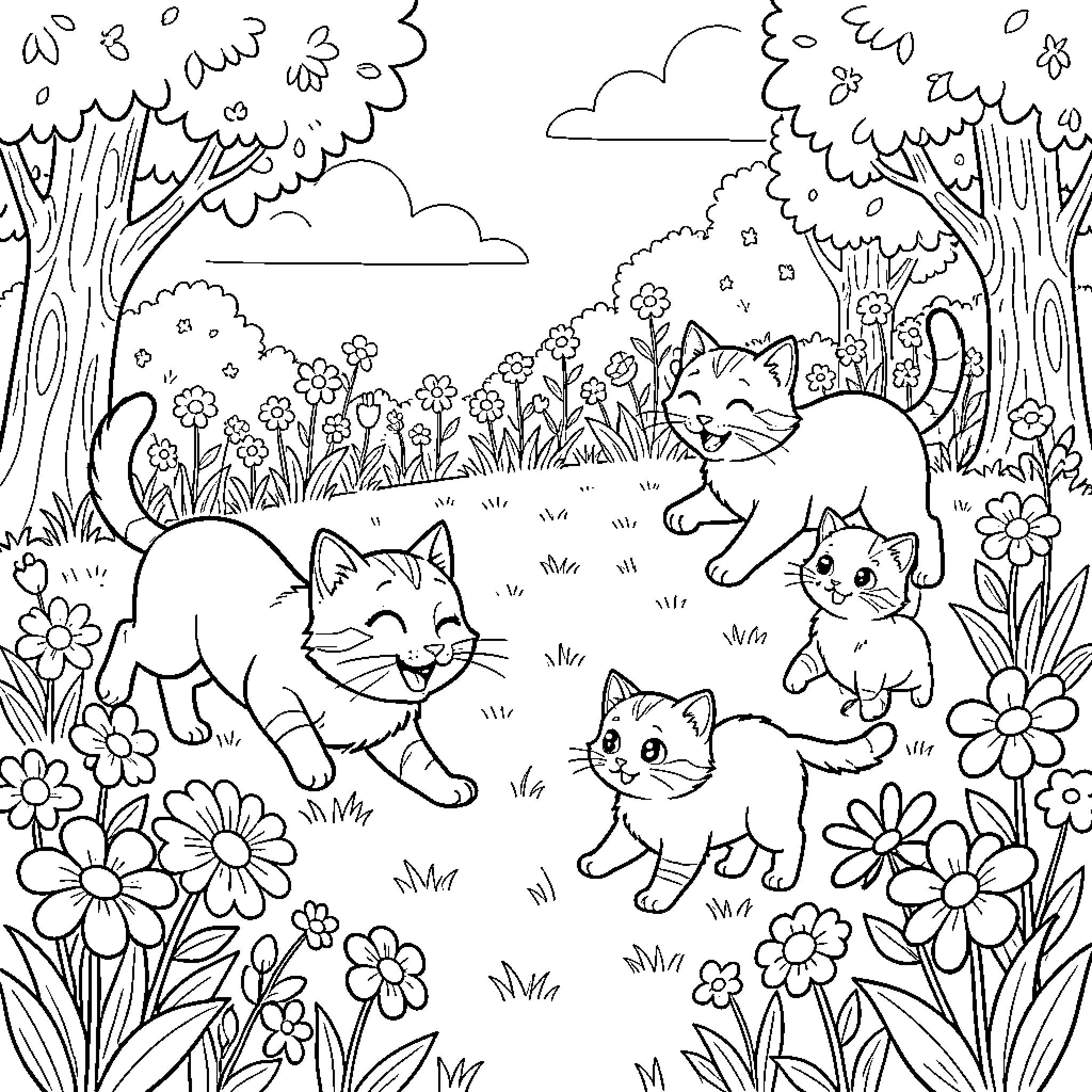 Cats Exploring Enchanting Forest Coloring Page (free black-and-white line drawing printable PDF for all, from beginners to advanced learners, including children, teens, adults, and seniors)