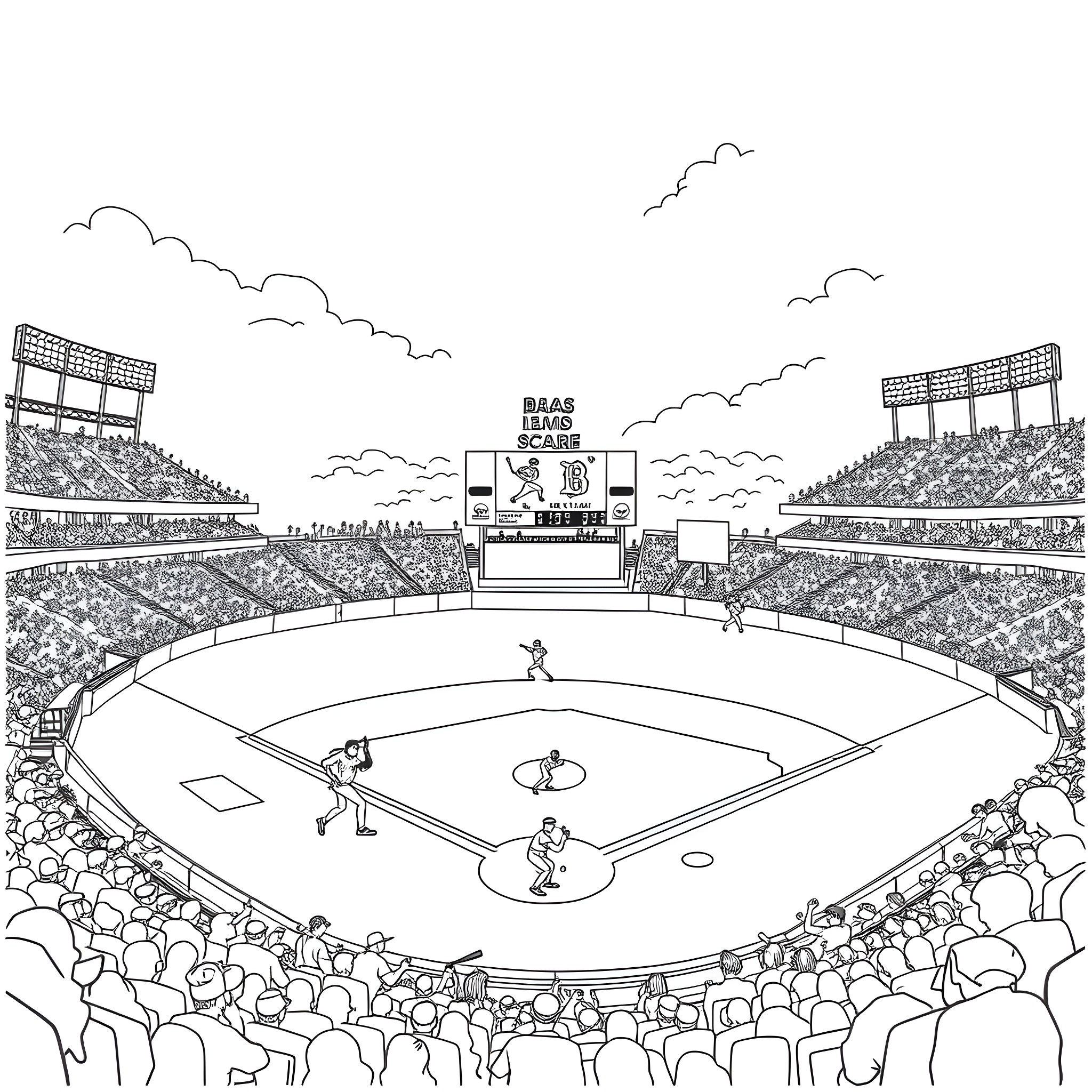 Baseball players competing in a stadium game Coloring Page (free black-and-white line drawing printable PDF for all, from beginners to advanced learners, including children, teens, adults, and seniors)