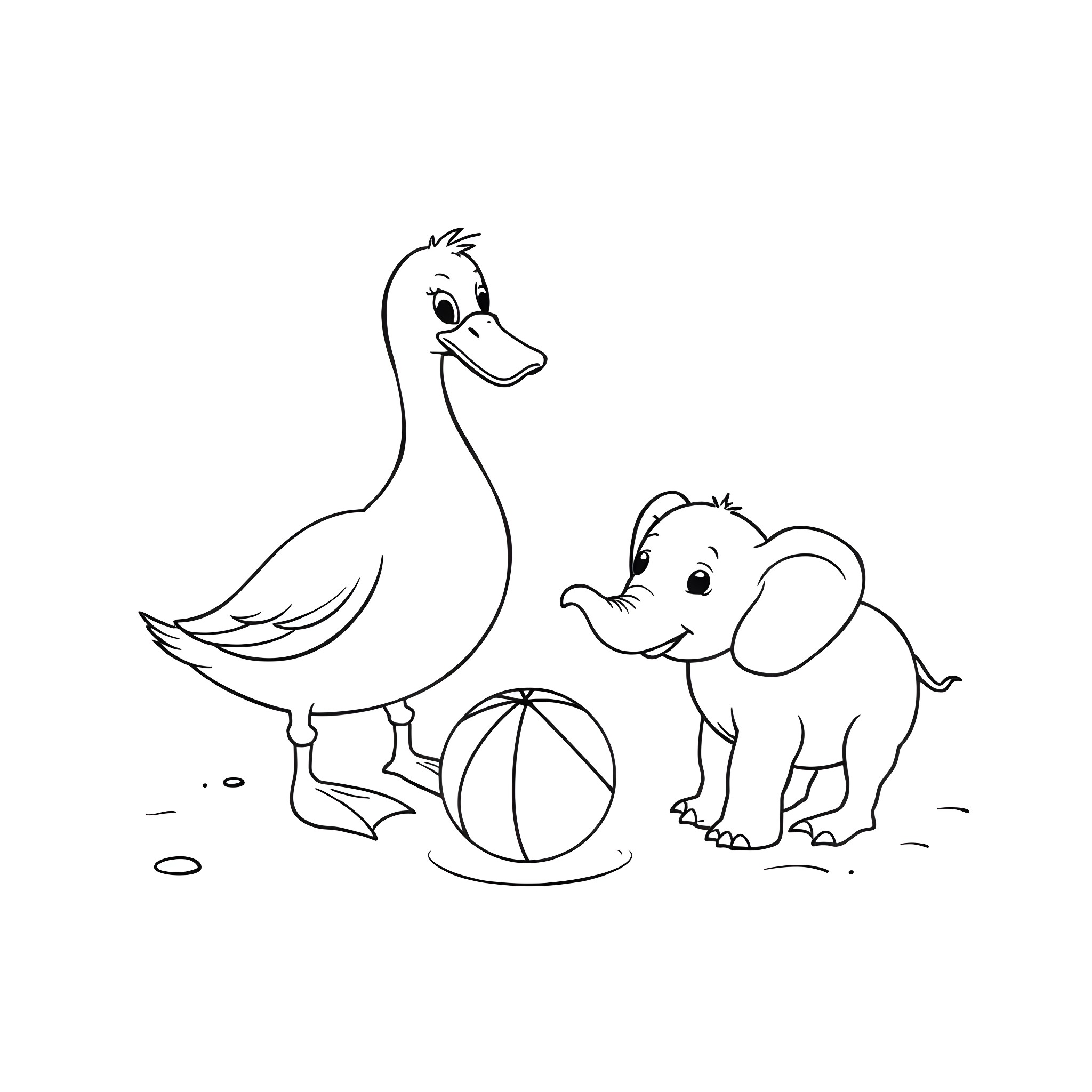 Duck and Elephant playing with Ball Coloring Page (free black-and-white line drawing printable PDF for all, from beginners to advanced learners, including children, teens, adults, and seniors)