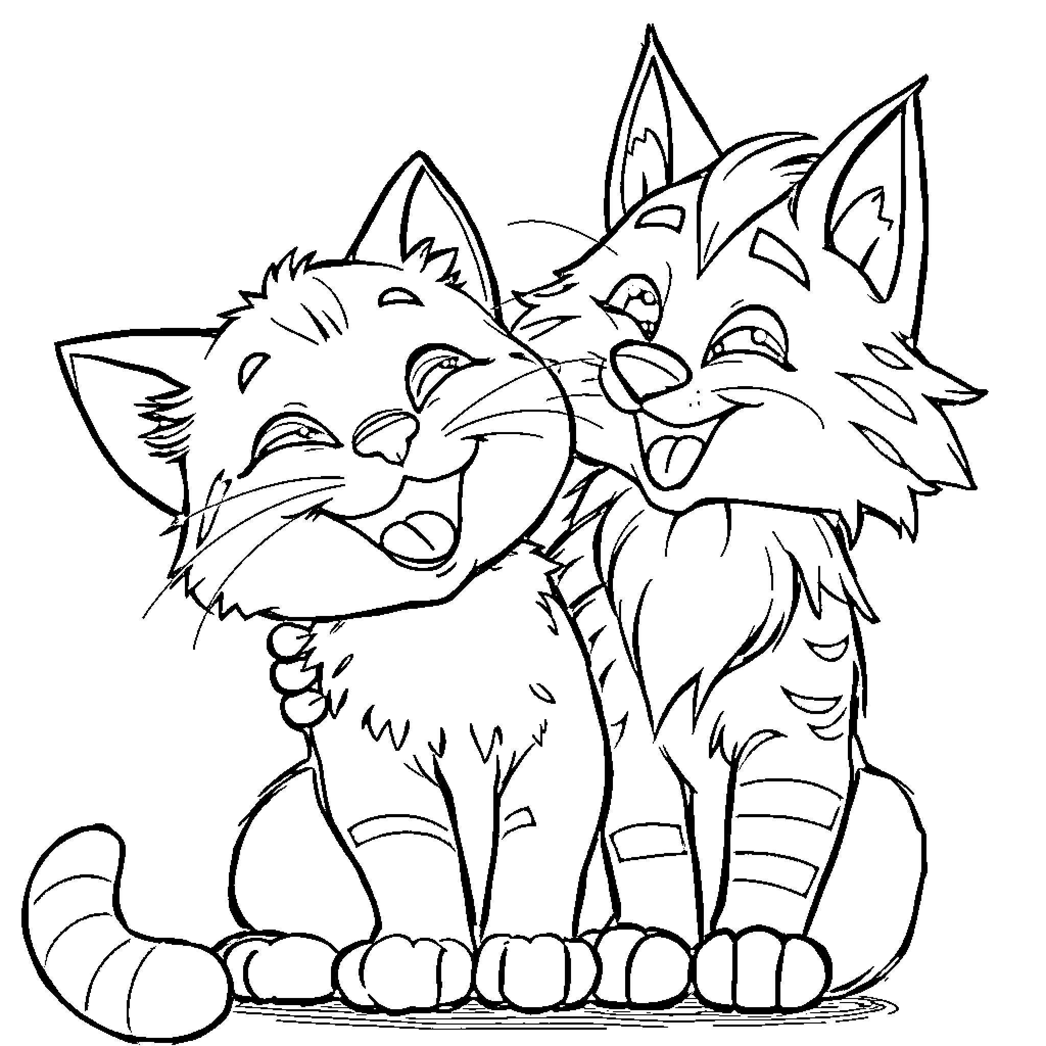 Cat and Dog in Playful Embrace Coloring Page (free black-and-white line drawing printable PDF for all, from beginners to advanced learners, including children, teens, adults, and seniors)