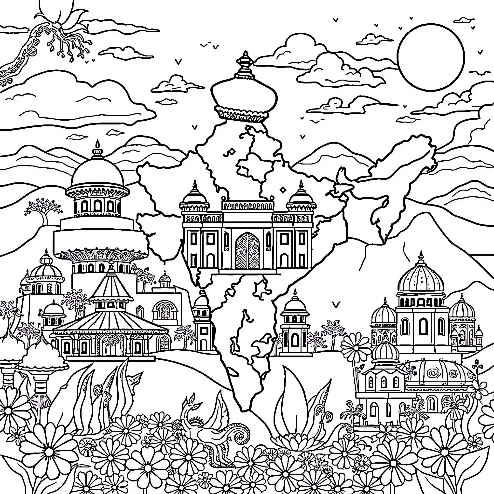 India's Architectural Wonders in the Vibrant Landscape Coloring Page (free black-and-white line drawing printable PDF for all, from beginners to advanced learners, including children, teens, adults, and seniors)