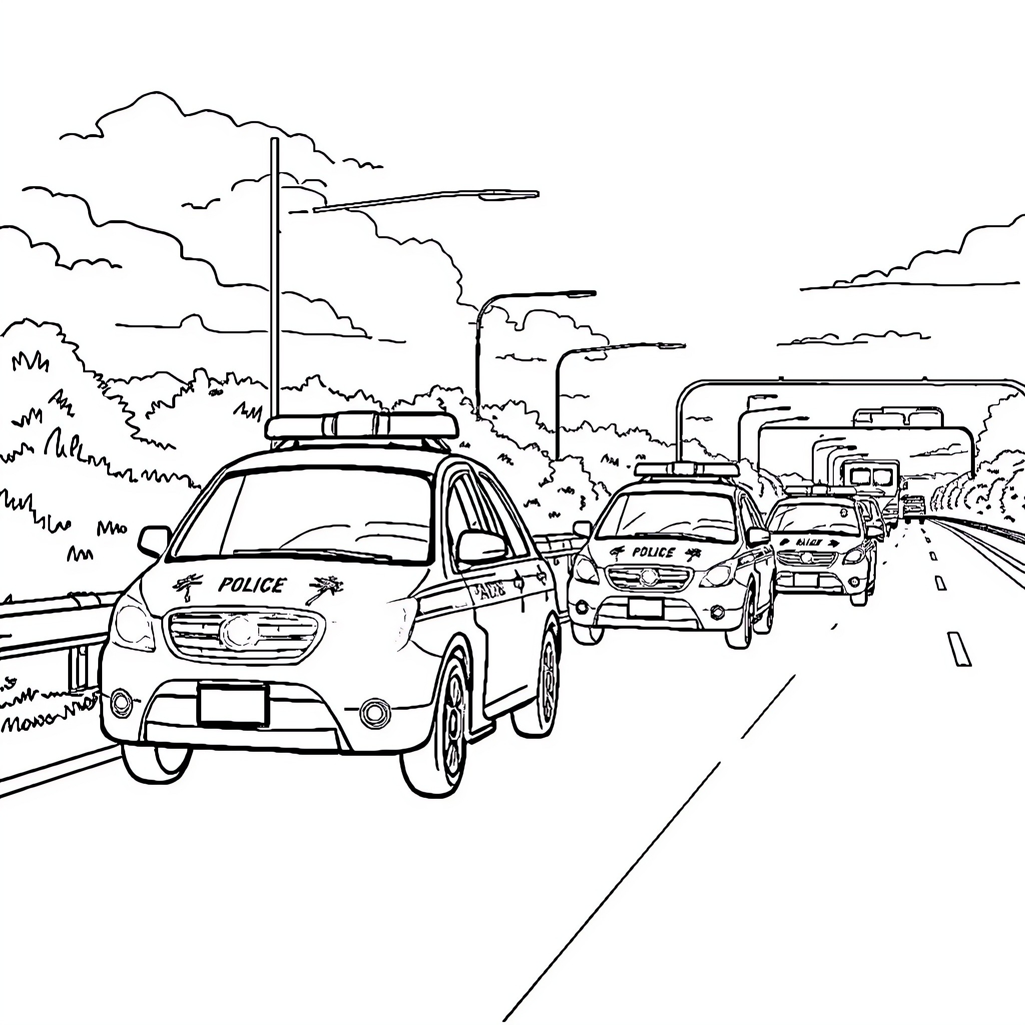 Federal Police Patrol on a Busy Highway Coloring Page (free black-and-white line drawing printable PDF for all, from beginners to advanced learners, including children, teens, adults, and seniors)