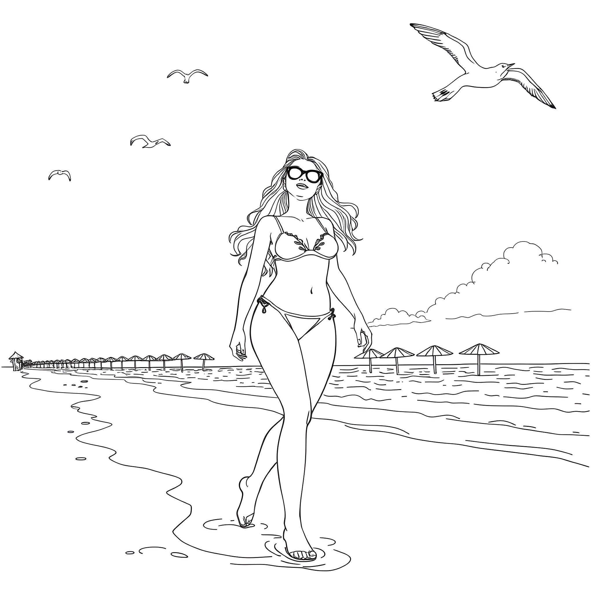 Milena Velba enjoying a day at the beach Coloring Page (free black-and-white line drawing printable PDF for all, from beginners to advanced learners, including children, teens, adults, and seniors)