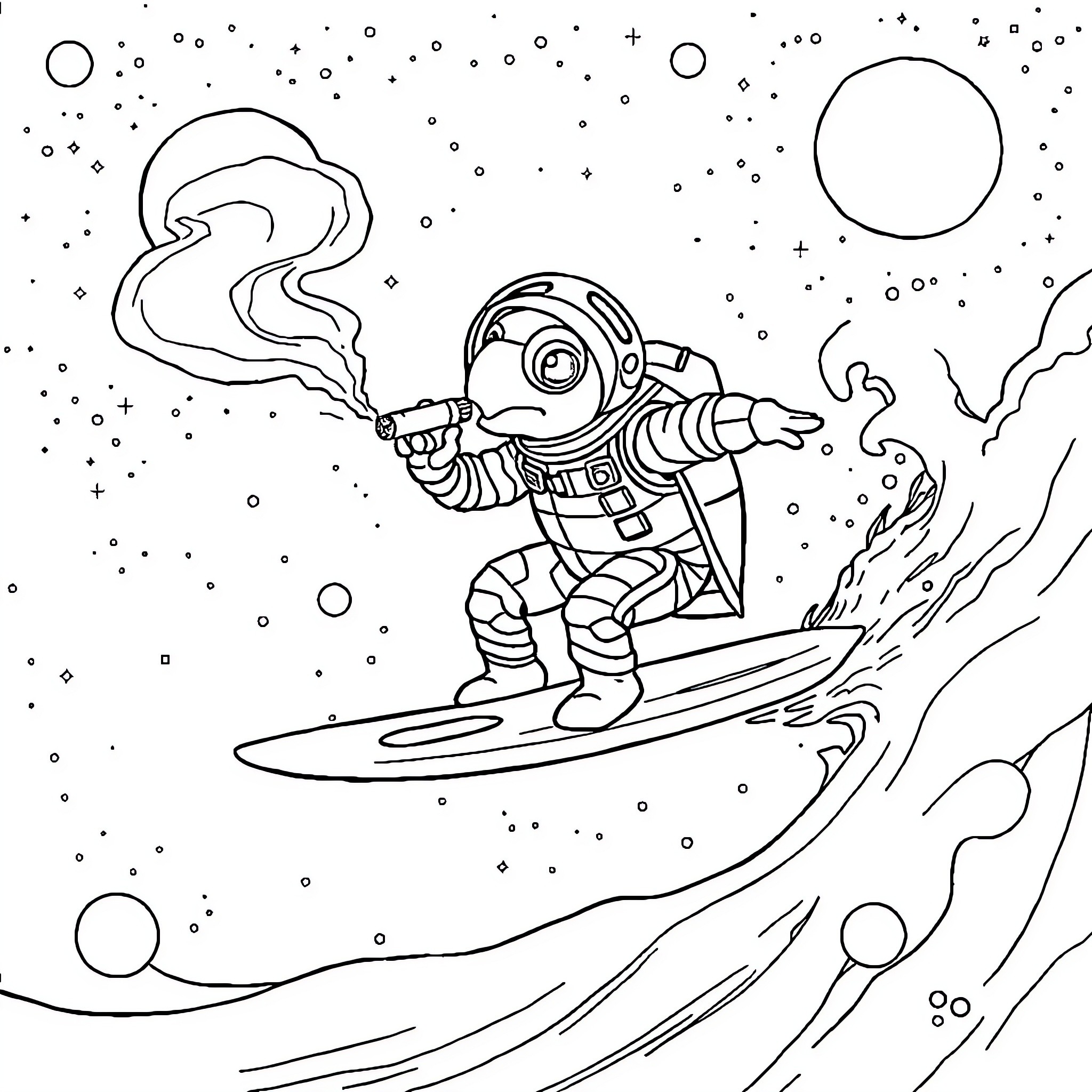 Turtle astronaut surfing through space Coloring Page (free black-and-white line drawing printable PDF for all, from beginners to advanced learners, including children, teens, adults, and seniors)