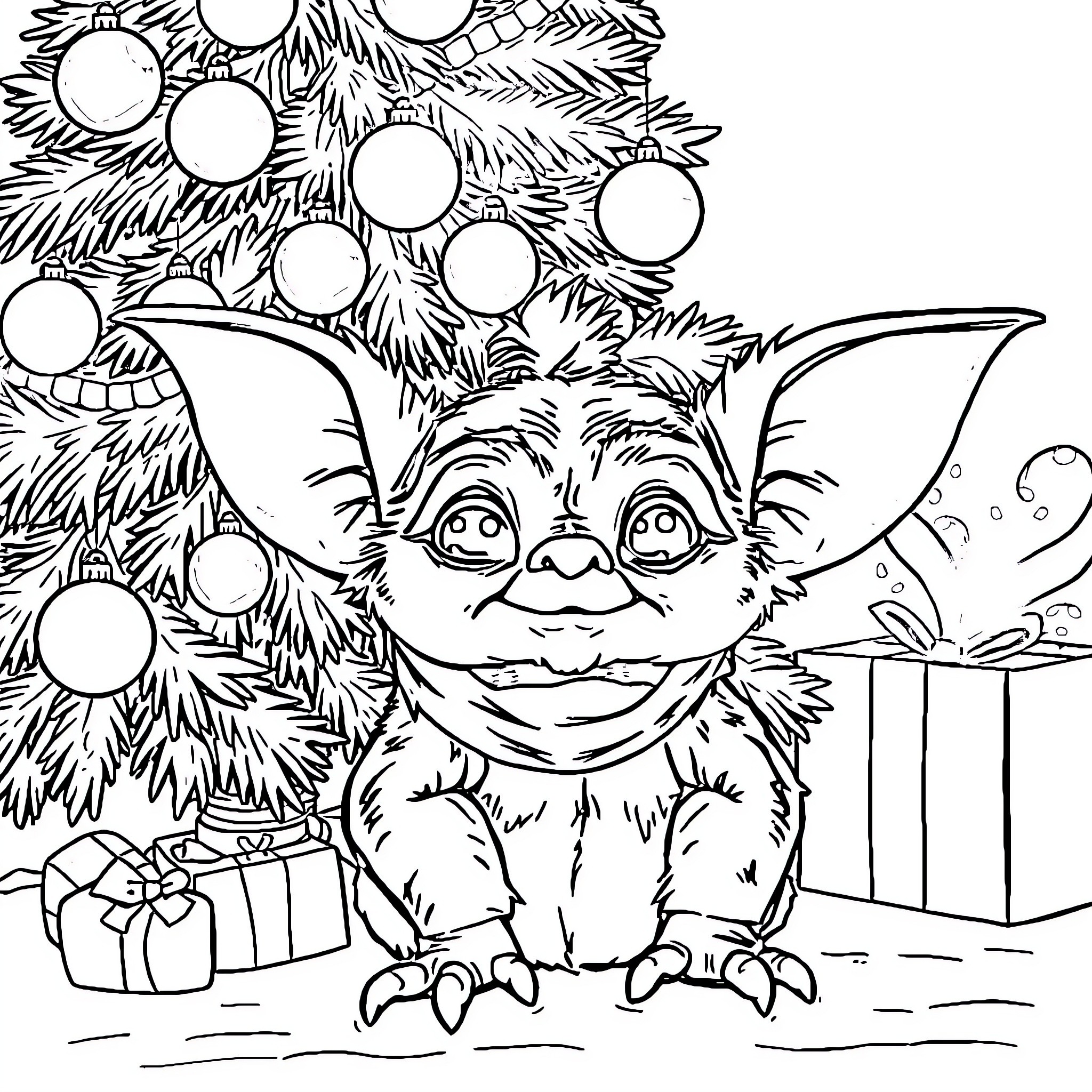 Gizmo enjoying Christmas tree and gifts Coloring Page (free black-and-white line drawing printable PDF for all, from beginners to advanced learners, including children, teens, adults, and seniors)