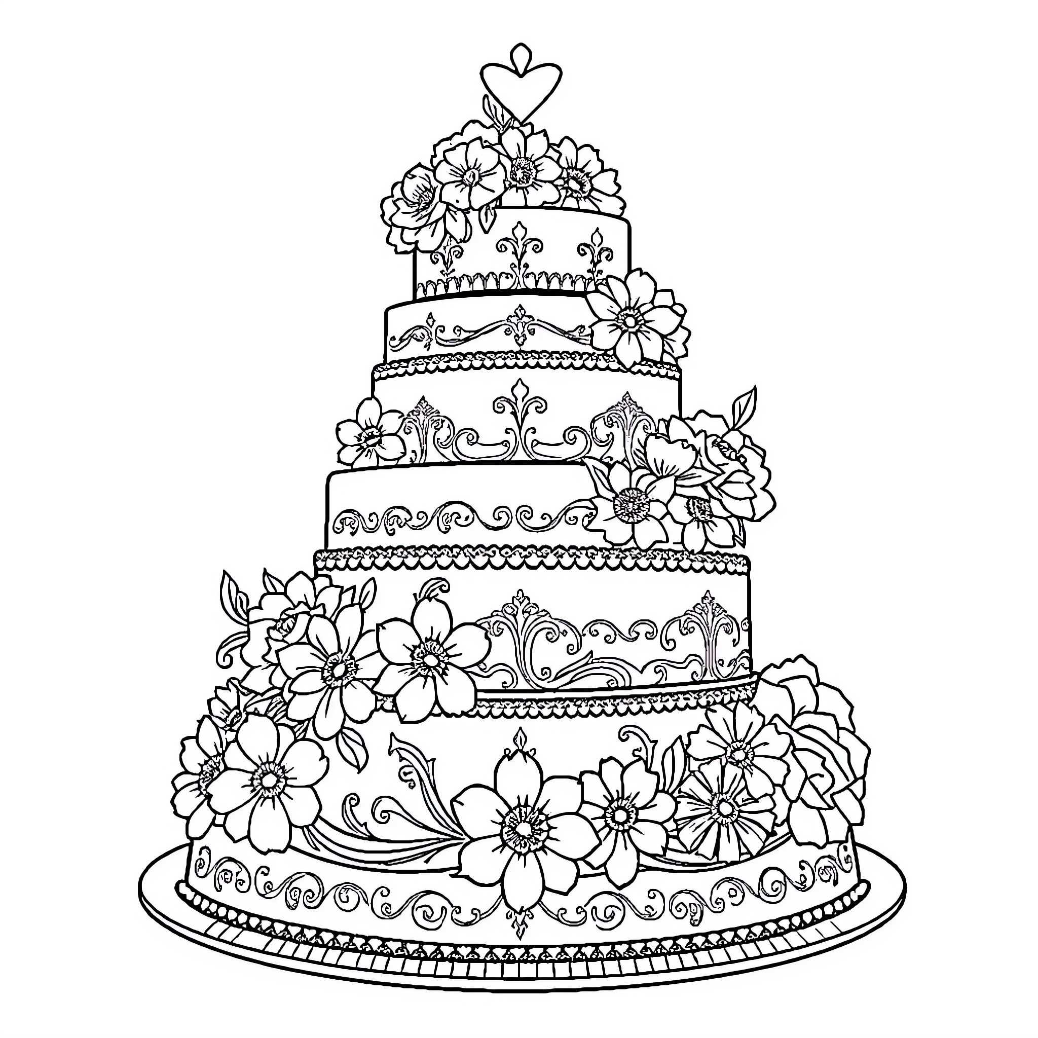 Wedding Cake with Ornate Floral Decorations Coloring Page (free black-and-white line drawing printable PDF for all, from beginners to advanced learners, including children, teens, adults, and seniors)