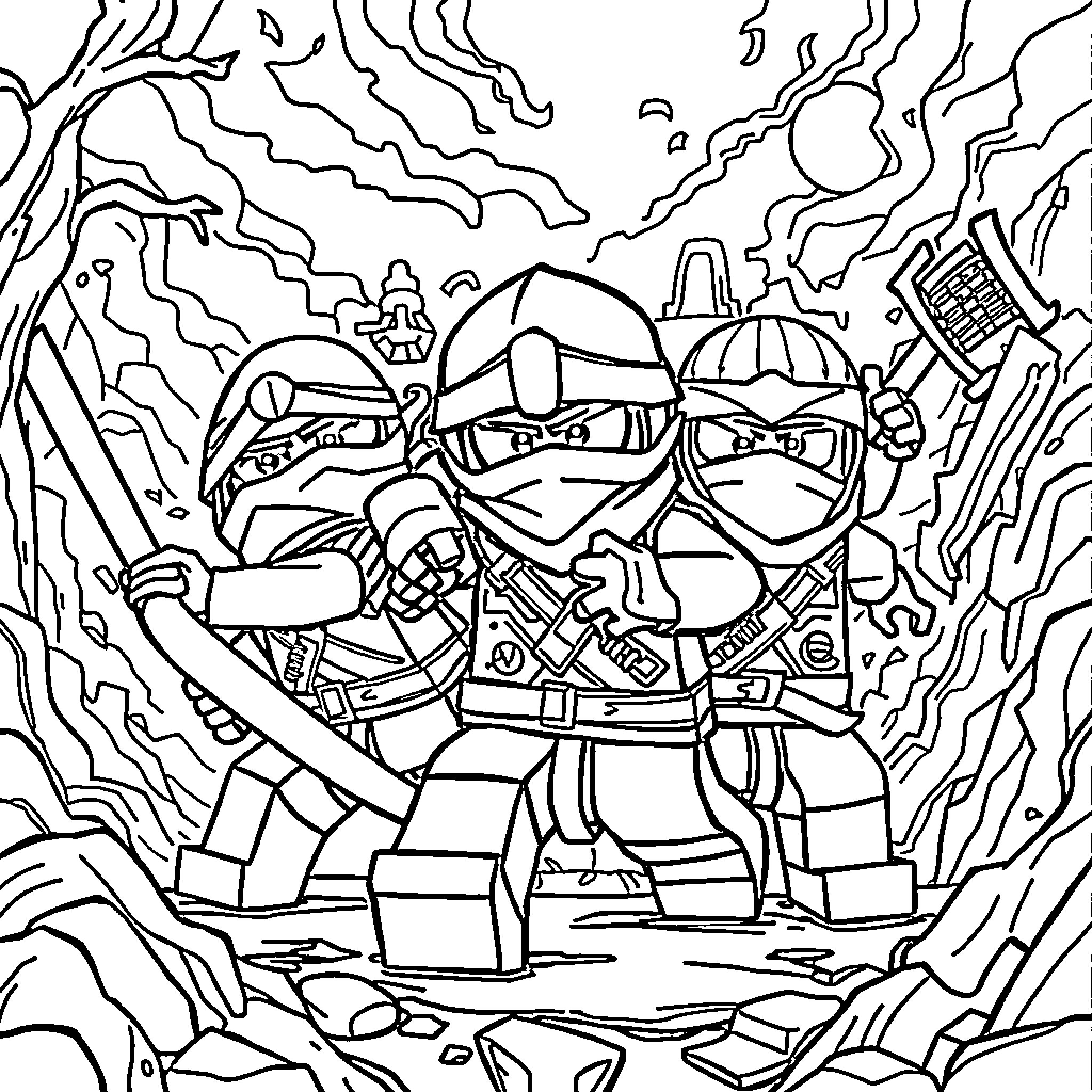 Ninjago warriors in epic battle Coloring Page (free black-and-white line drawing printable PDF for all, from beginners to advanced learners, including children, teens, adults, and seniors)