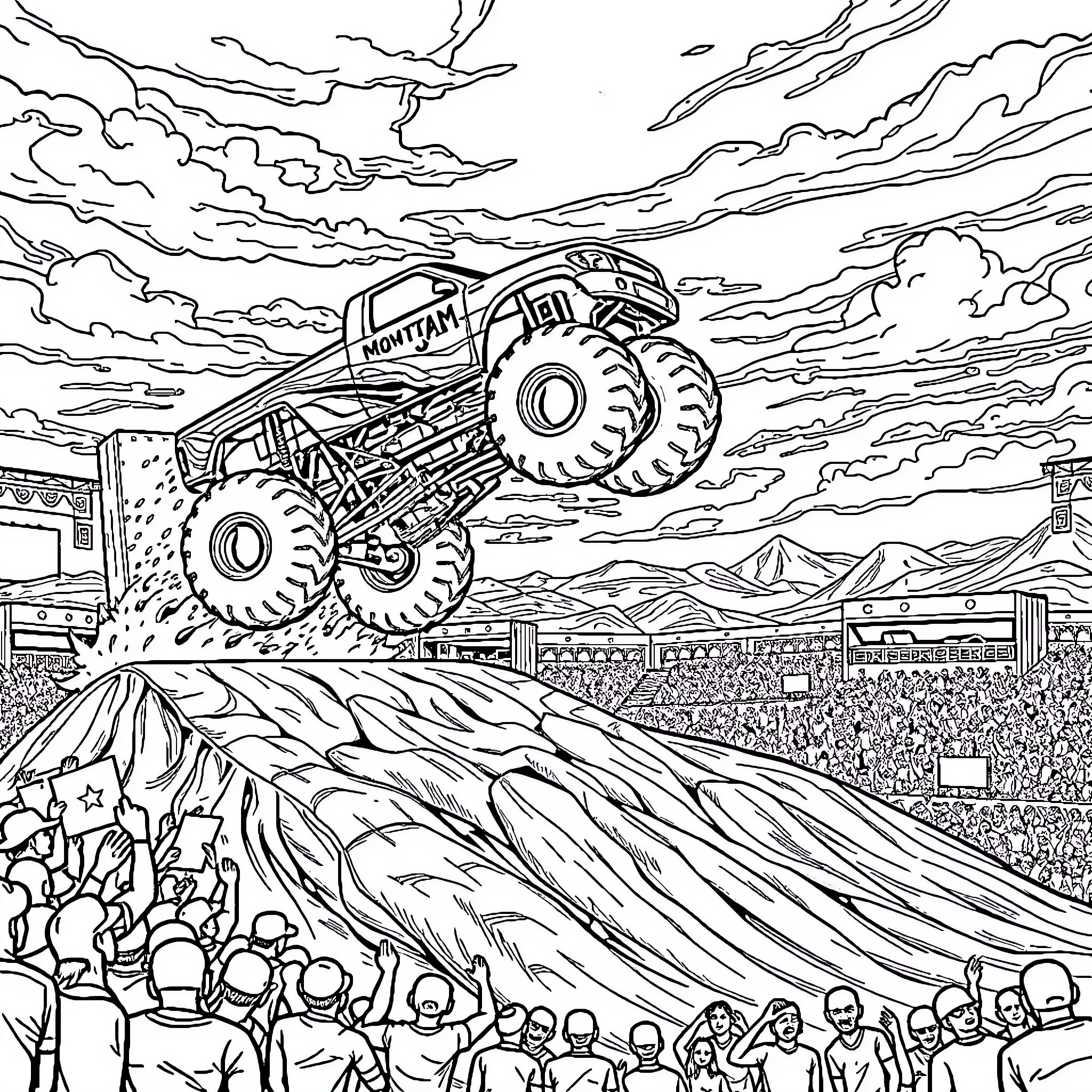 Monster Jam Thrilling Crowd with Massive Truck Stunts Coloring Page (free black-and-white line drawing printable PDF for all, from beginners to advanced learners, including children, teens, adults, and seniors)