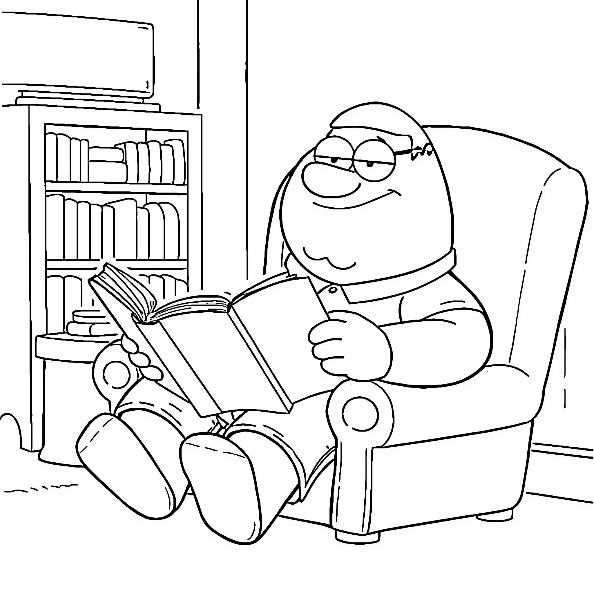 Peter Griffin Reading a Book Comfortably Coloring Page (free black-and-white line drawing printable PDF for all, from beginners to advanced learners, including children, teens, adults, and seniors)
