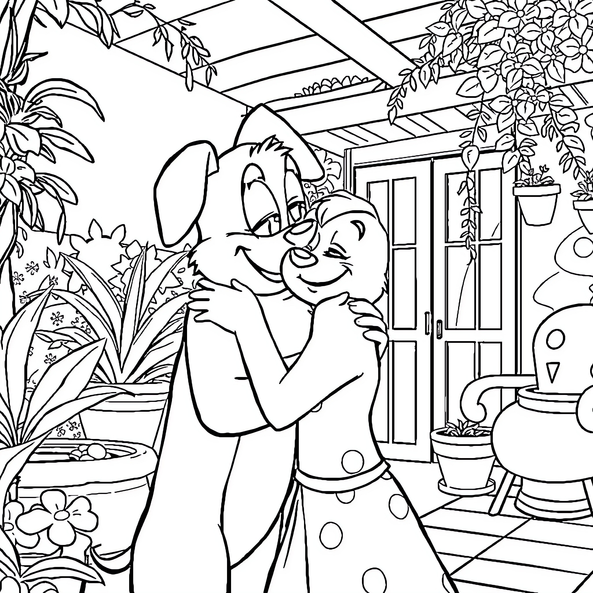 Bluey and friend explore a colorful greenhouse Coloring Page (free black-and-white line drawing printable PDF for all, from beginners to advanced learners, including children, teens, adults, and seniors)