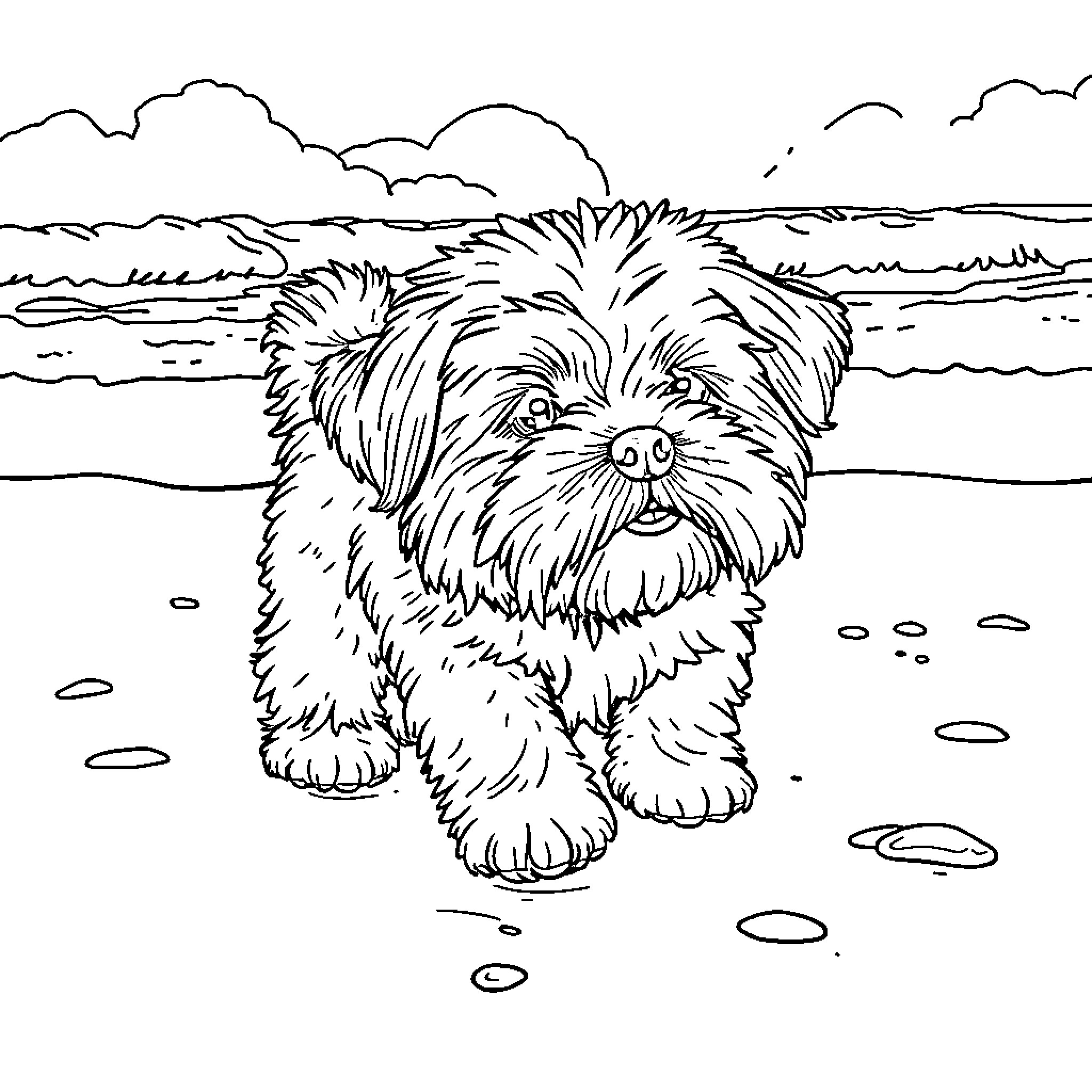 Shih Tzu exploring the beach Coloring Page (free black-and-white line drawing printable PDF for all, from beginners to advanced learners, including children, teens, adults, and seniors)