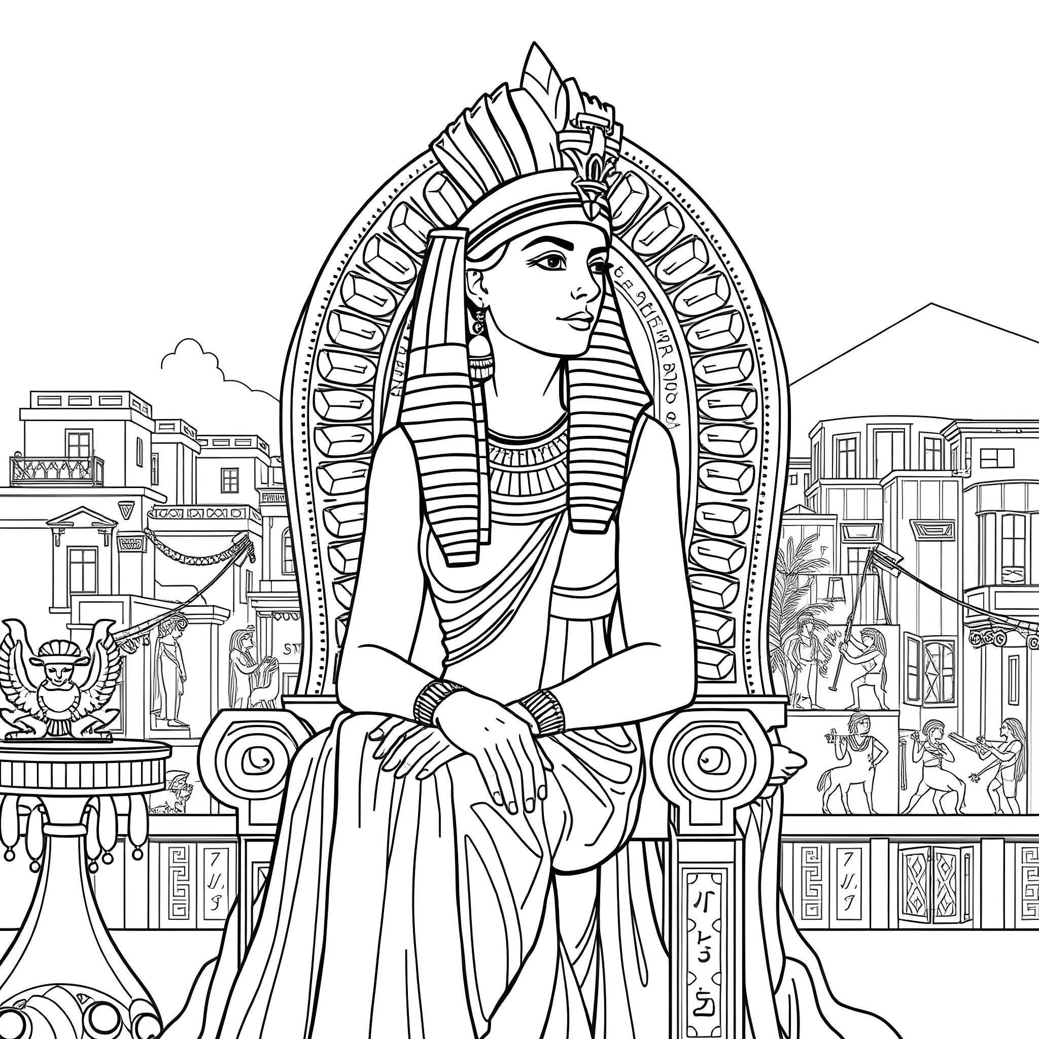 Cleopatra Seated Among Ancient Egyptian Architectural Landmarks Coloring Page (free black-and-white line drawing printable PDF for all, from beginners to advanced learners, including children, teens, adults, and seniors)