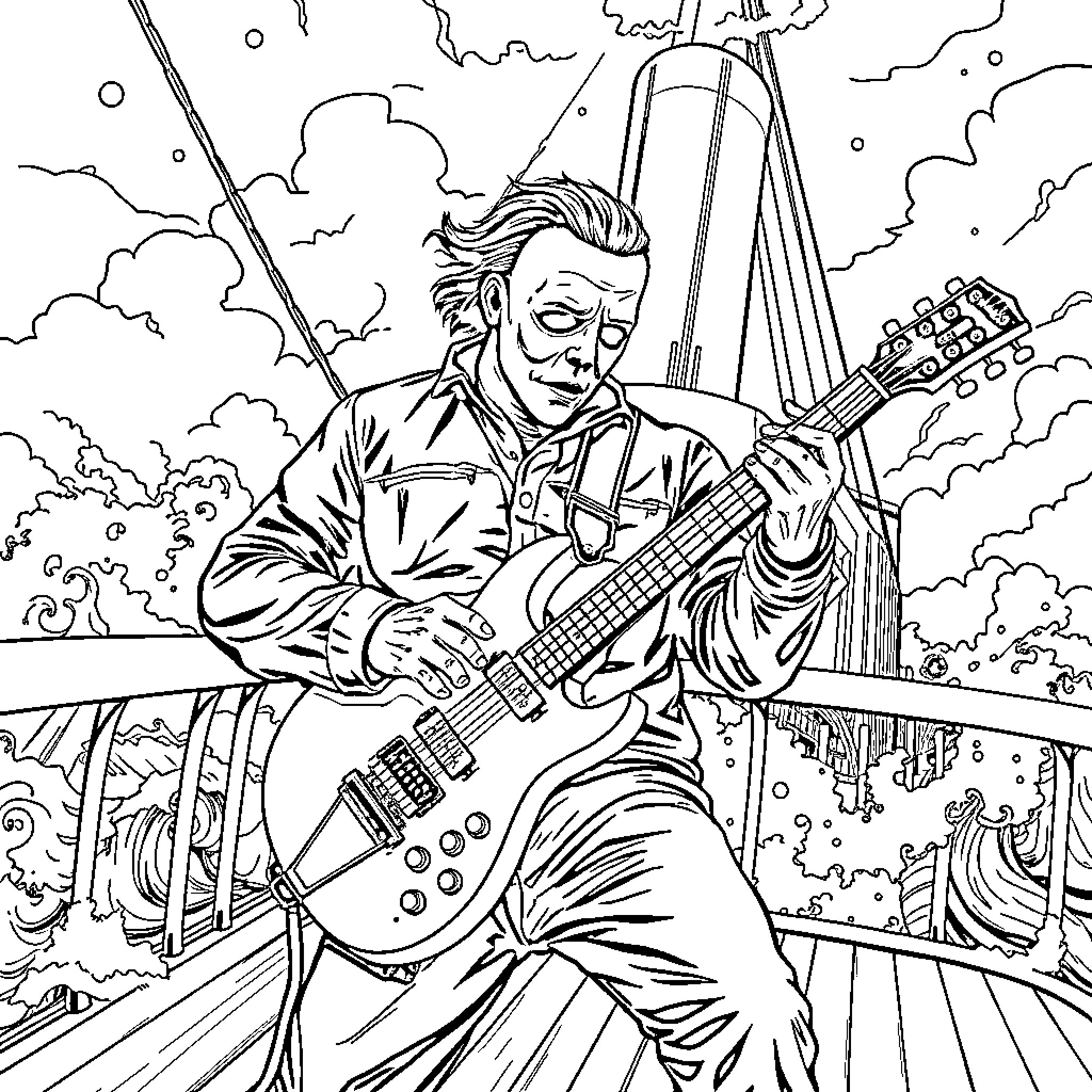 Michael Myers Rocking Out on Electric Guitar Coloring Page (free black-and-white line drawing printable PDF for all, from beginners to advanced learners, including children, teens, adults, and seniors)