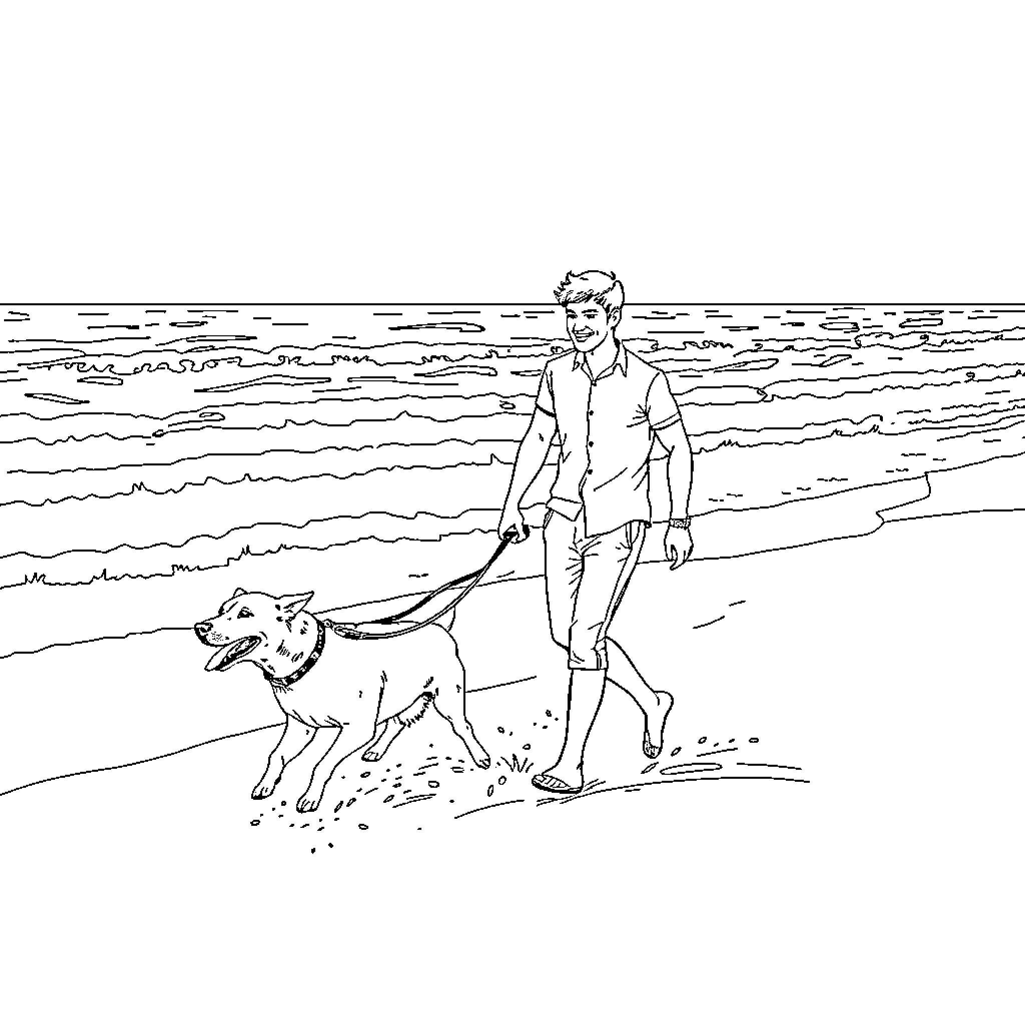 Couple walking dog on the beach Coloring Page (free black-and-white line drawing printable PDF for all, from beginners to advanced learners, including children, teens, adults, and seniors)