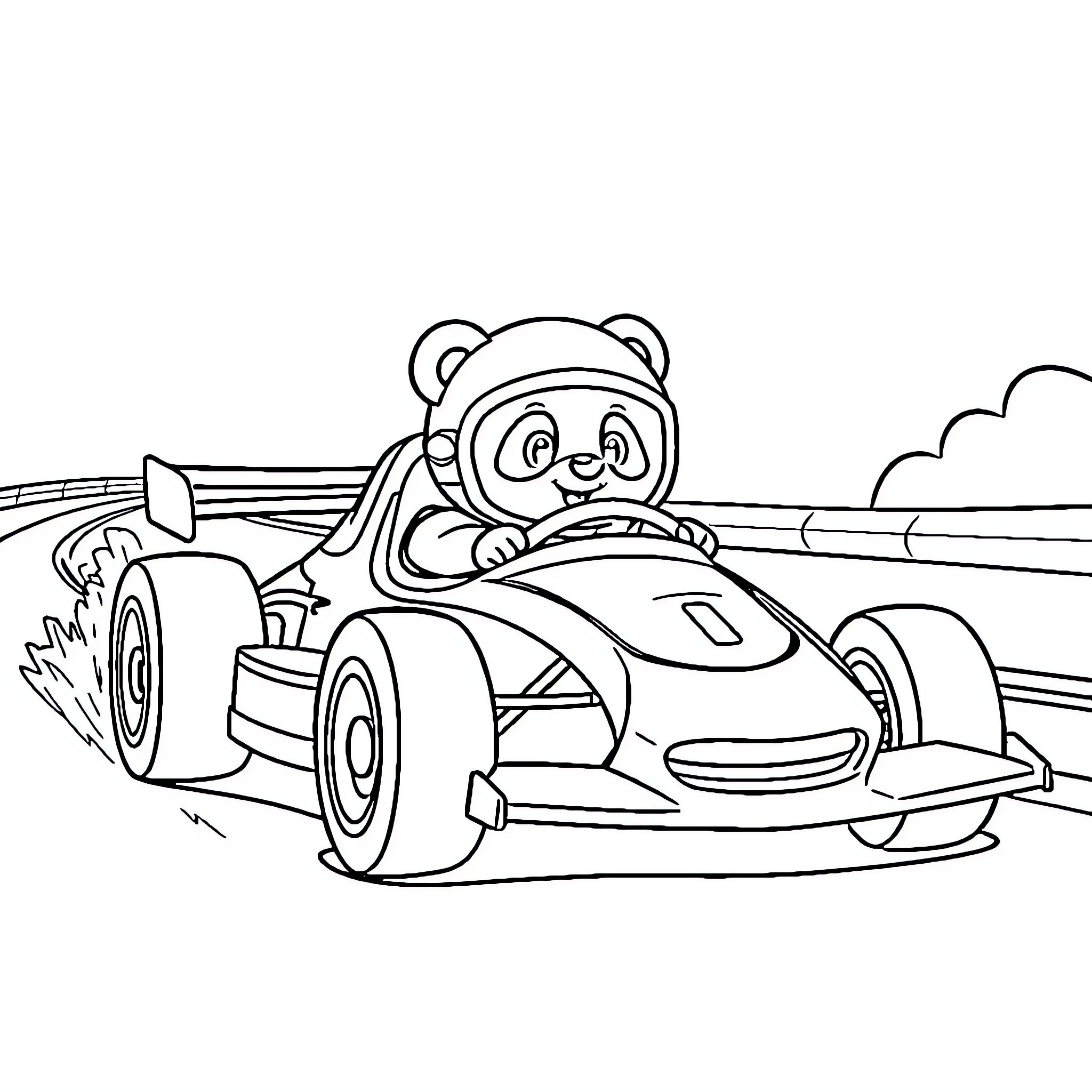 Panda driving a race car on the track Coloring Page (free black-and-white line drawing printable PDF for all, from beginners to advanced learners, including children, teens, adults, and seniors)