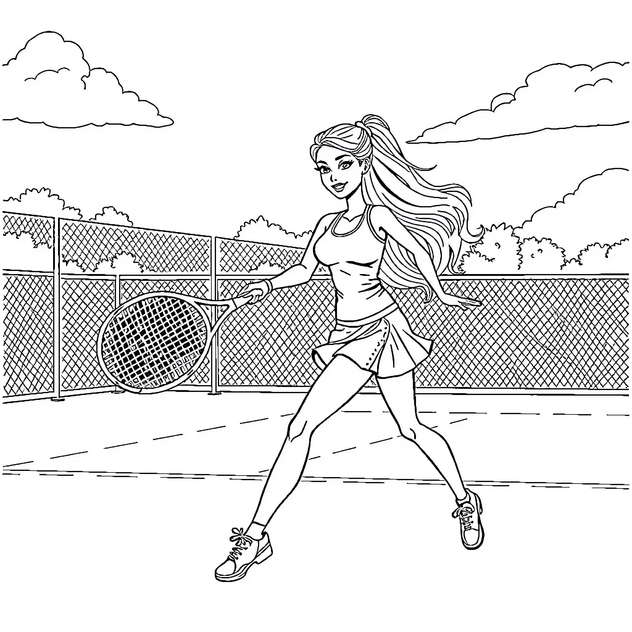 Barbie playing tennis on the court Coloring Page (free black-and-white line drawing printable PDF for all, from beginners to advanced learners, including children, teens, adults, and seniors)