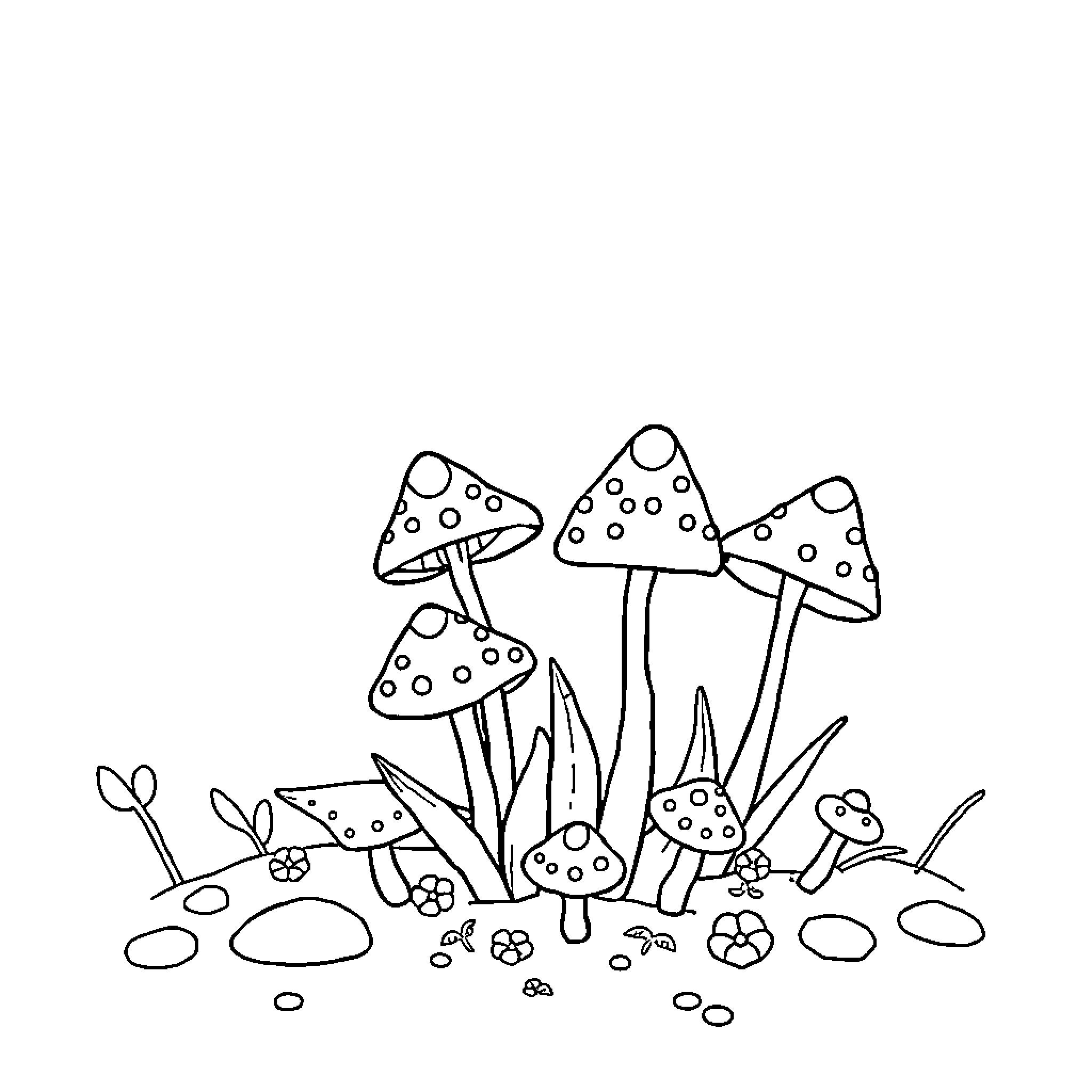 Plant Mushrooms Growing in the Woodland Coloring Page (free black-and-white line drawing printable PDF for all, from beginners to advanced learners, including children, teens, adults, and seniors)
