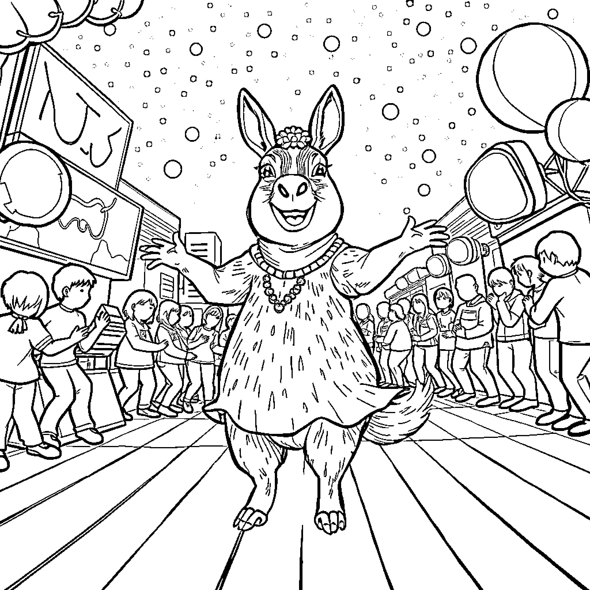Capybara leading a festive parade Coloring Page (free black-and-white line drawing printable PDF for all, from beginners to advanced learners, including children, teens, adults, and seniors)