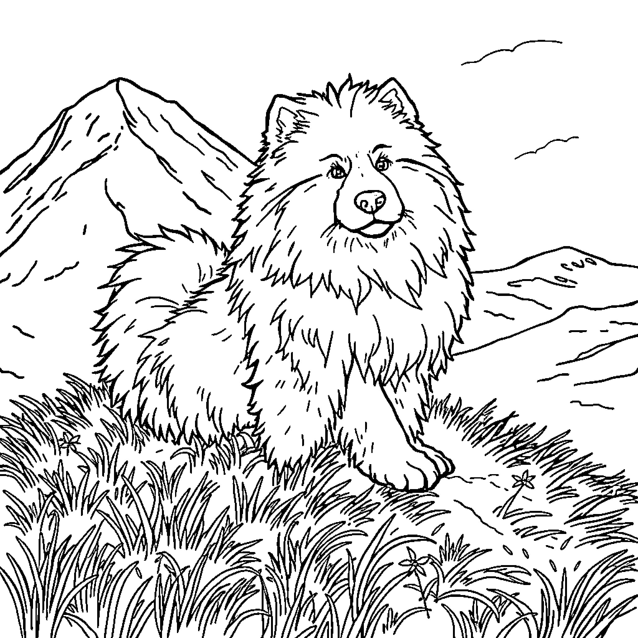 Pyranese Dog Exploring the Snowy Mountain Landscape Coloring Page (free black-and-white line drawing printable PDF for all, from beginners to advanced learners, including children, teens, adults, and seniors)