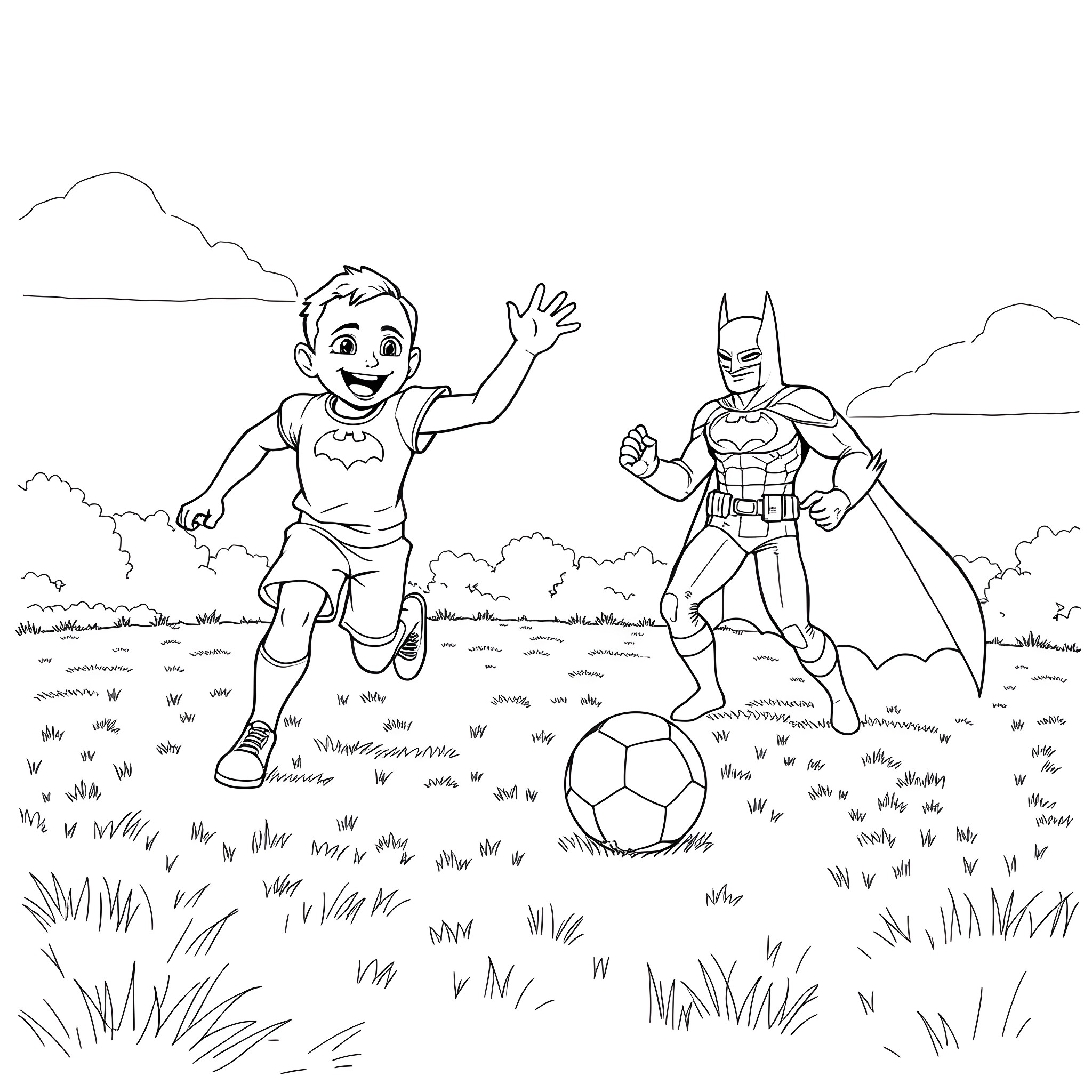 Bluey and Batman playing soccer in the park Coloring Page (free black-and-white line drawing printable PDF for all, from beginners to advanced learners, including children, teens, adults, and seniors)