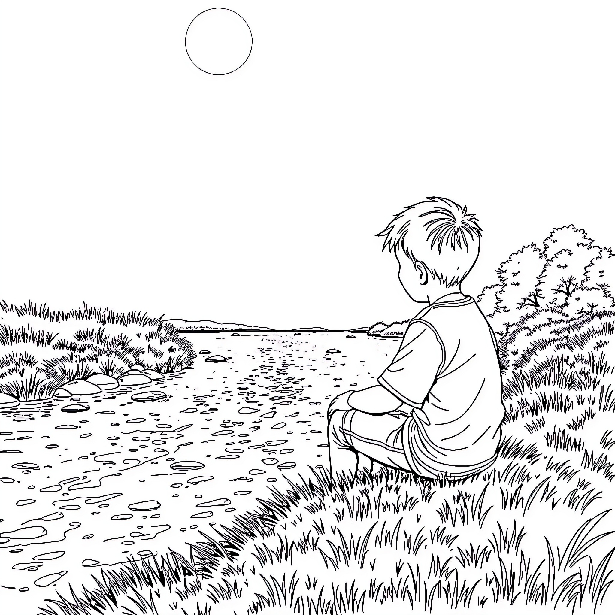 Boy sitting alone in a peaceful natural setting Coloring Page (free black-and-white line drawing printable PDF for all, from beginners to advanced learners, including children, teens, adults, and seniors)