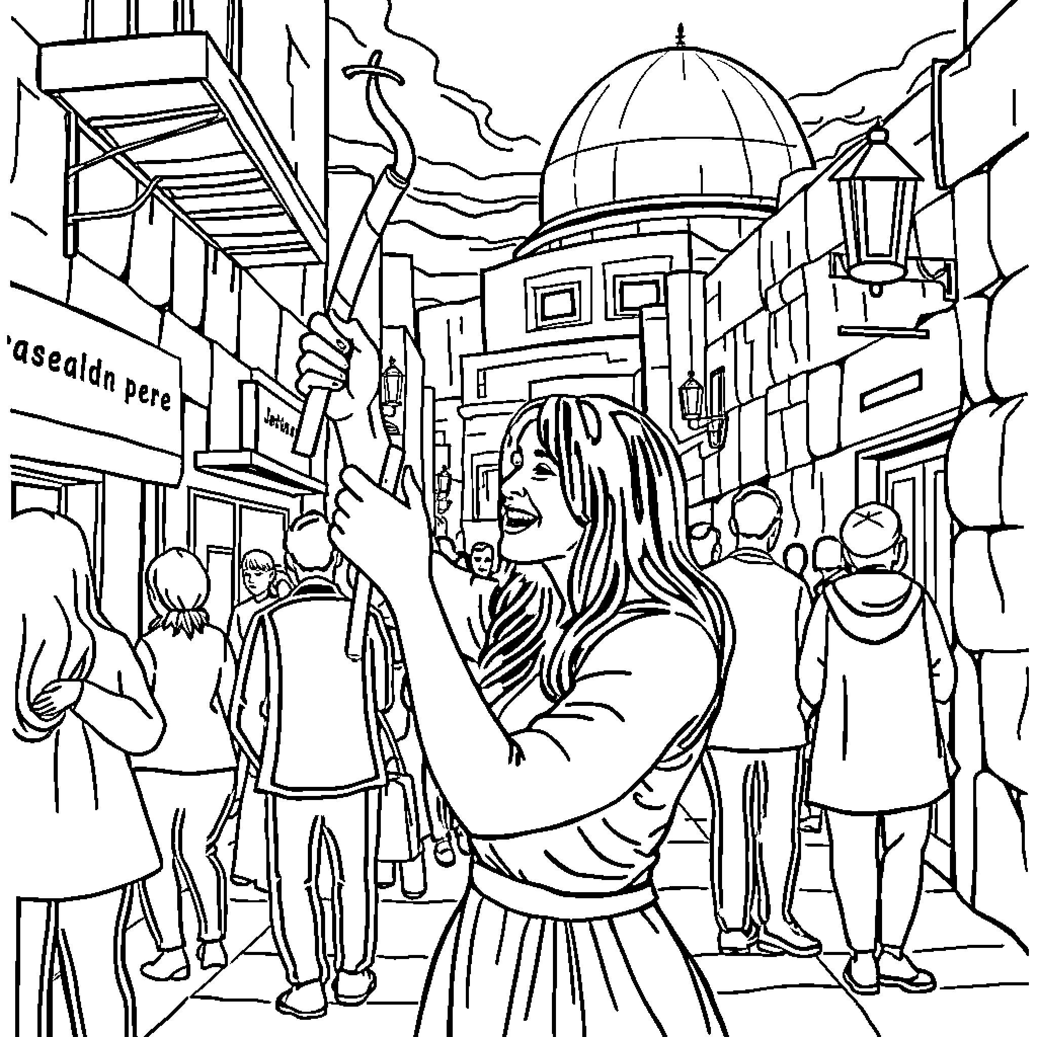 Woman protesting in a crowded city street Coloring Page (free black-and-white line drawing printable PDF for all, from beginners to advanced learners, including children, teens, adults, and seniors)