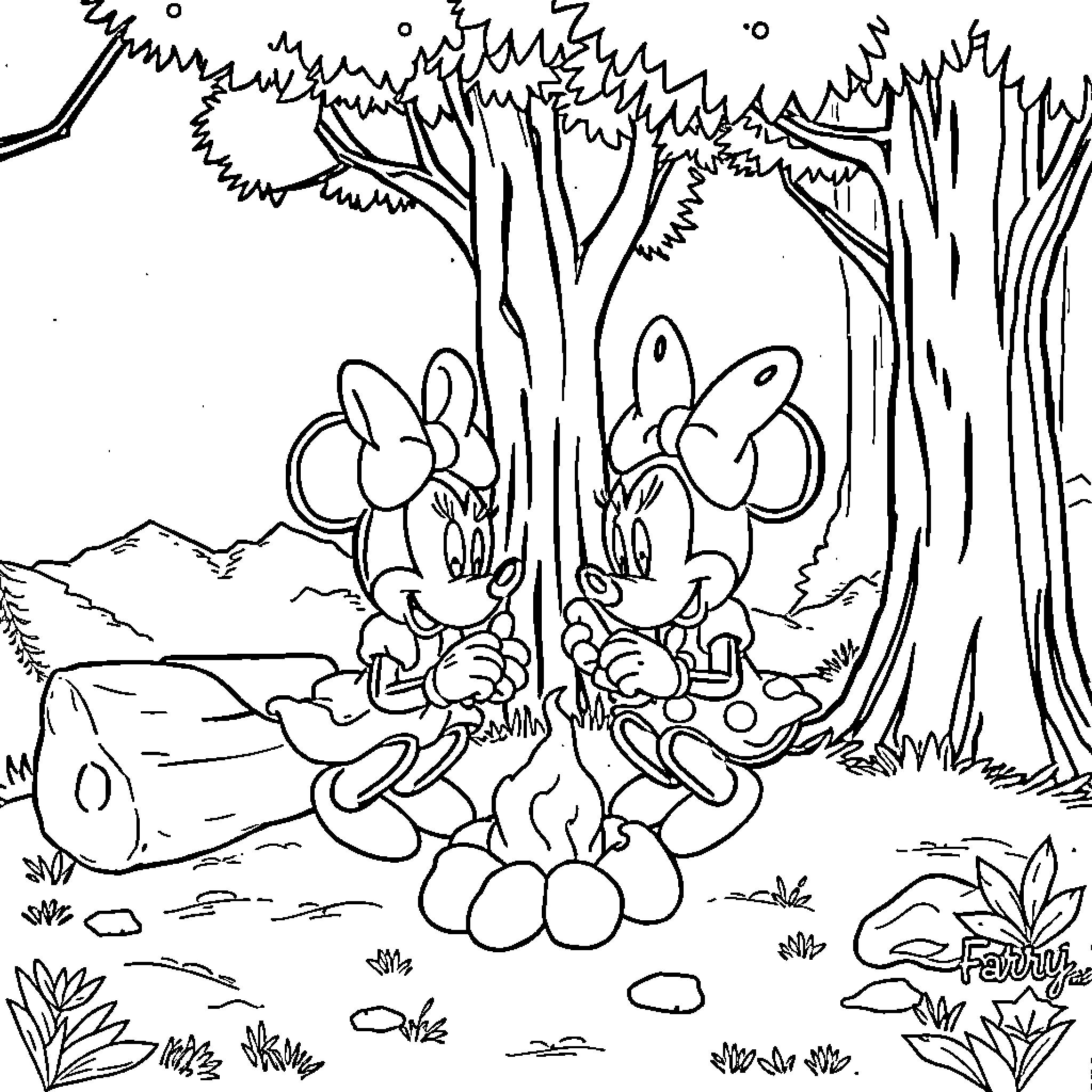 Mickey and Minnie's Forest Adventure Coloring Page (free black-and-white line drawing printable PDF for all, from beginners to advanced learners, including children, teens, adults, and seniors)