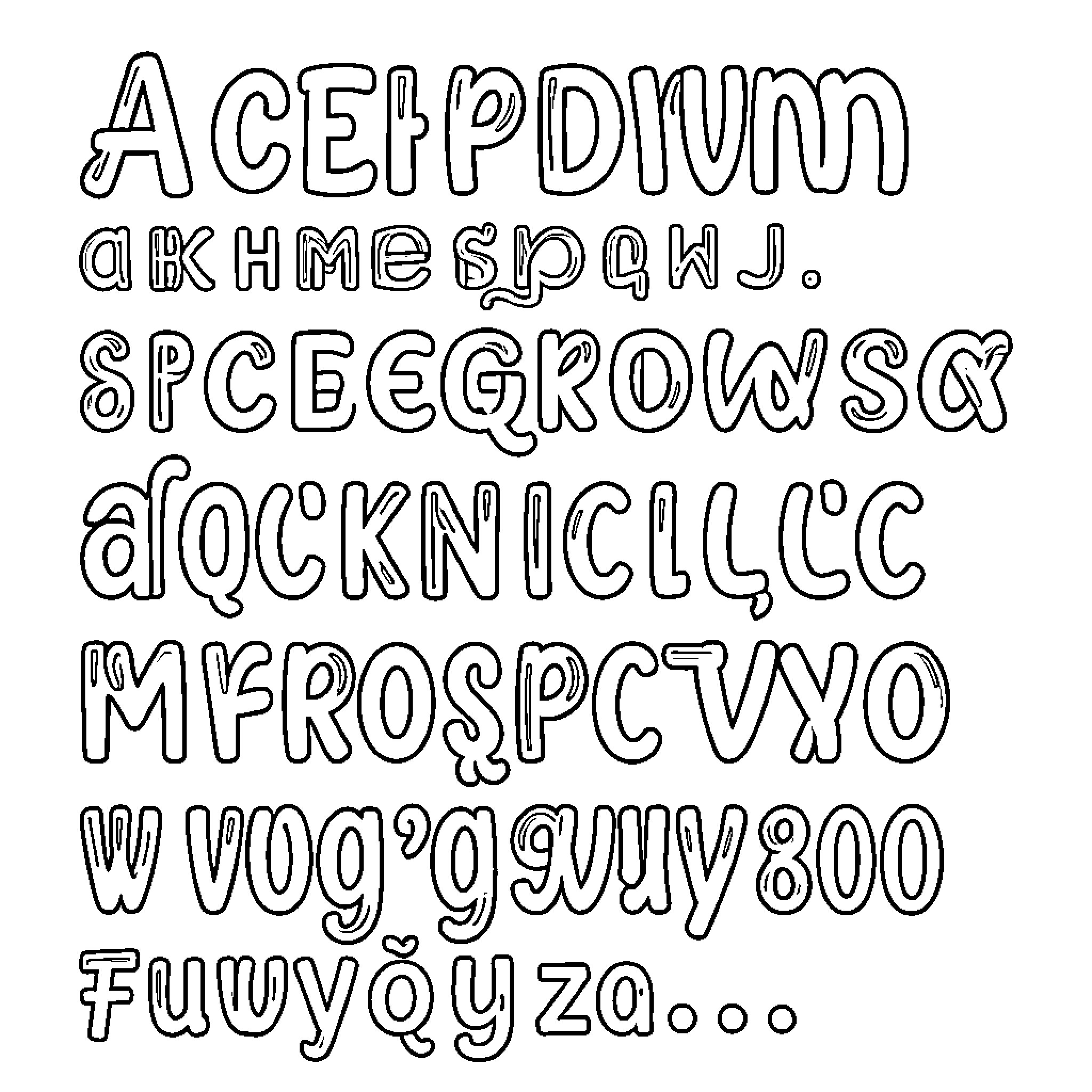 Font displaying various whimsical and bubbly letter shapes Coloring Page (free black-and-white line drawing printable PDF for all, from beginners to advanced learners, including children, teens, adults, and seniors)
