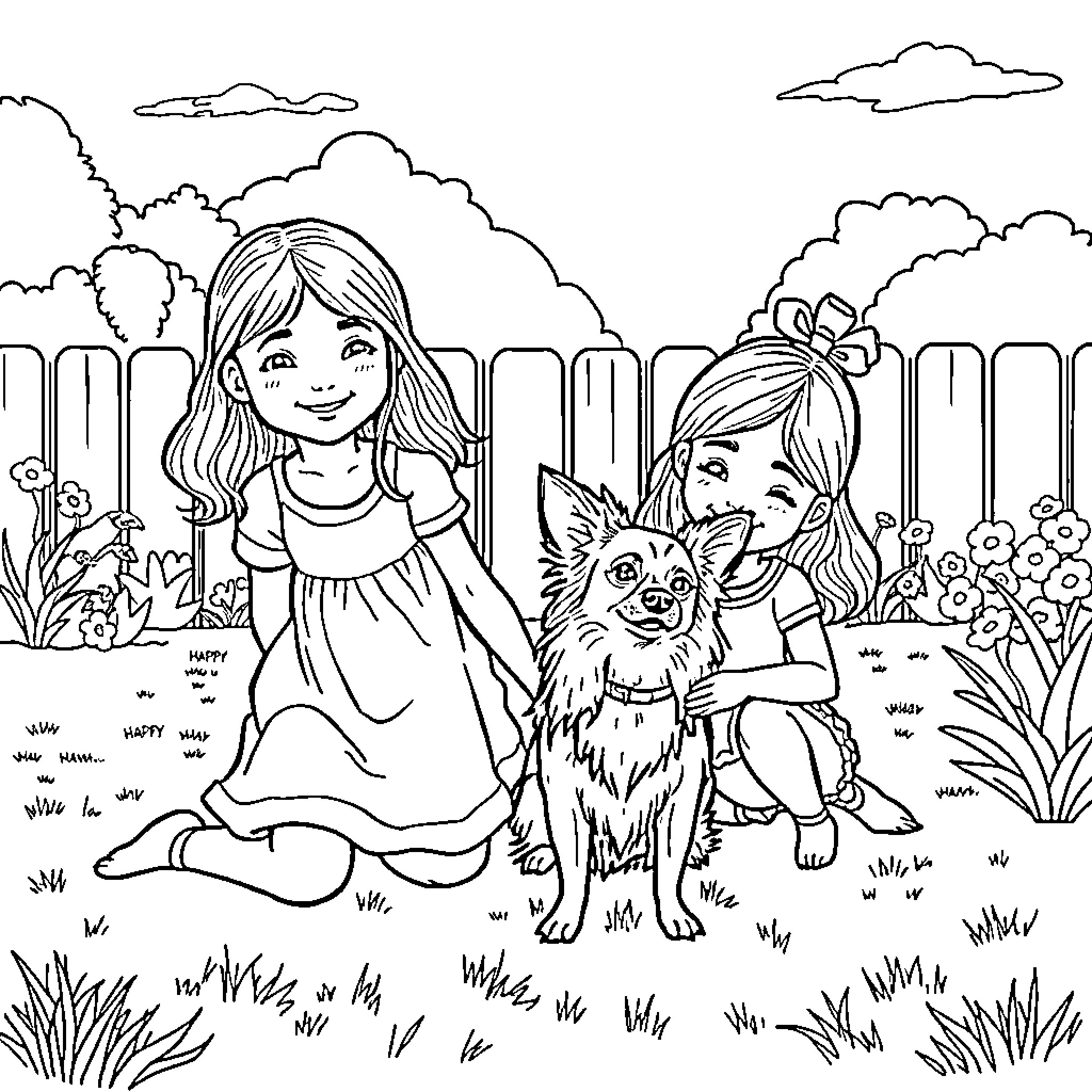 Chihuahua and girls playing happily in the garden Coloring Page (free black-and-white line drawing printable PDF for all, from beginners to advanced learners, including children, teens, adults, and seniors)