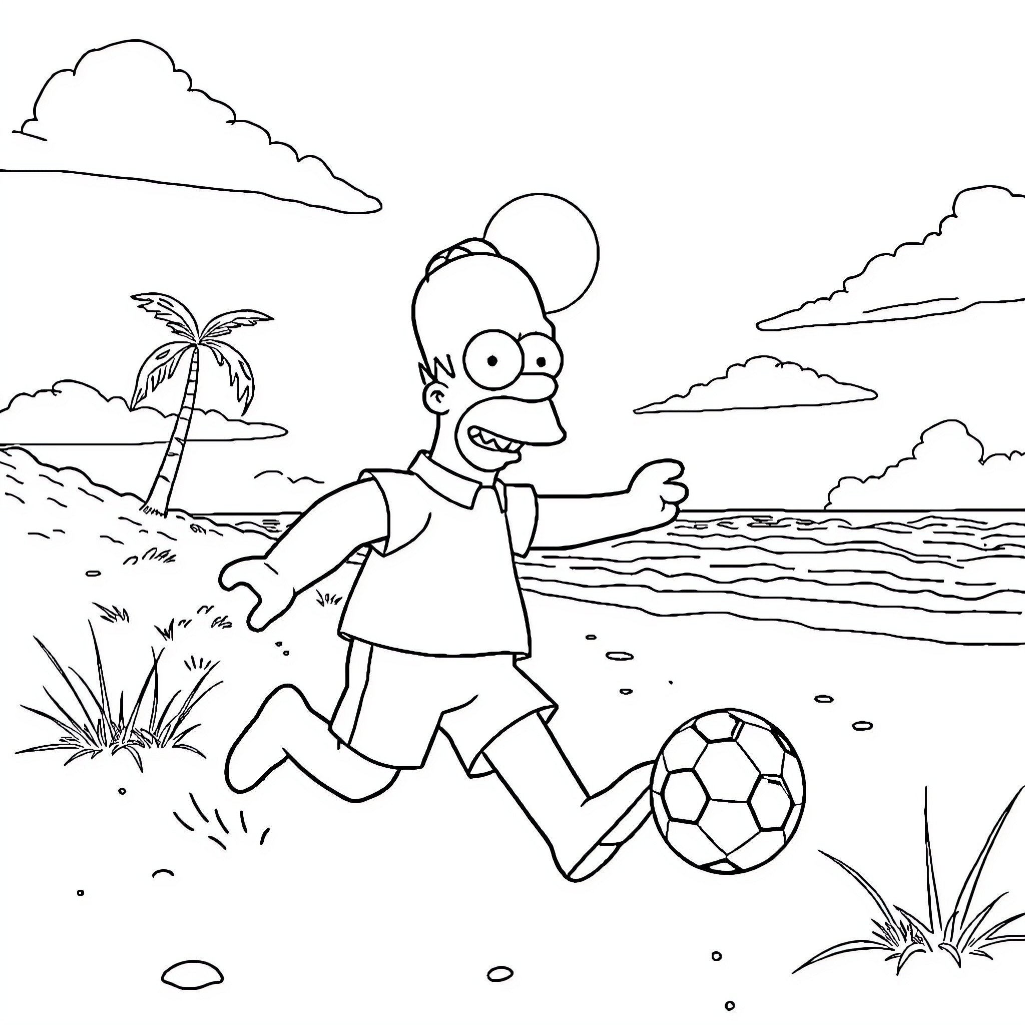 Homer Simpson enjoying a beach soccer game Coloring Page (free black-and-white line drawing printable PDF for all, from beginners to advanced learners, including children, teens, adults, and seniors)