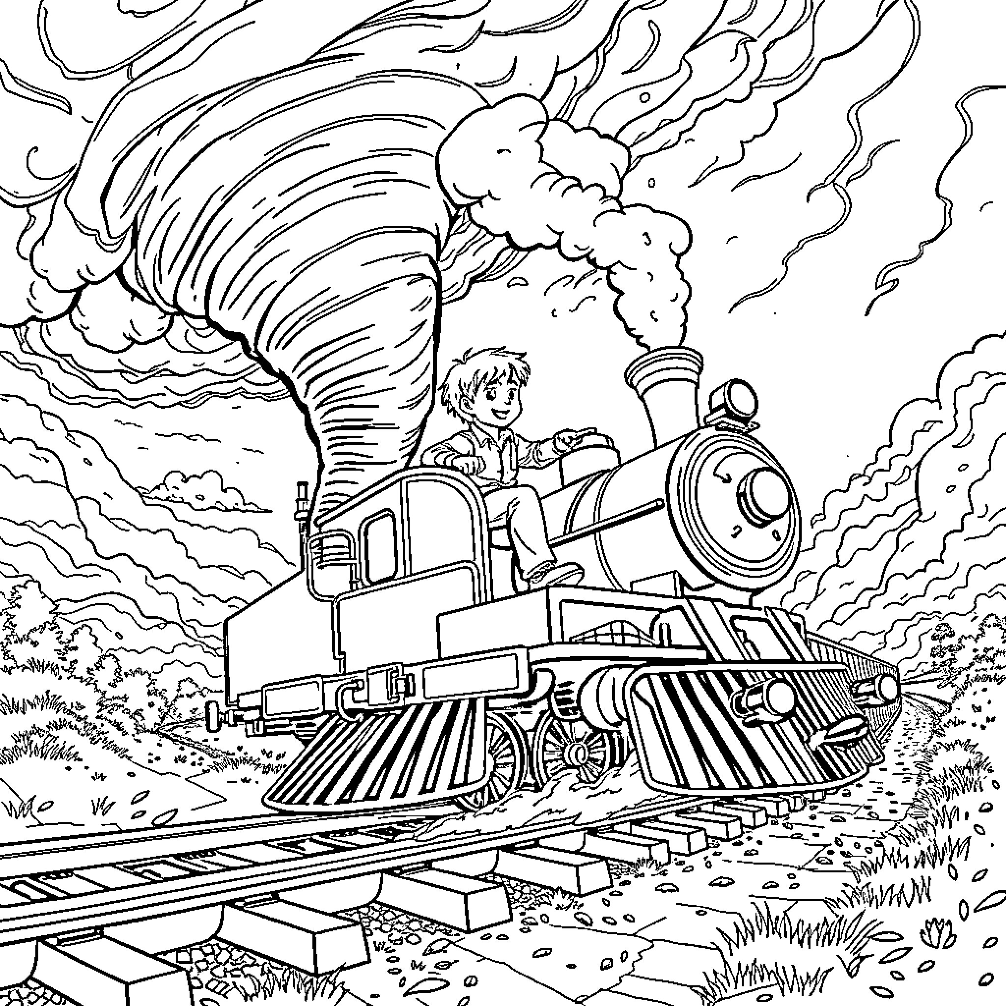 Boy riding a train through a stormy landscape Coloring Page (free black-and-white line drawing printable PDF for all, from beginners to advanced learners, including children, teens, adults, and seniors)
