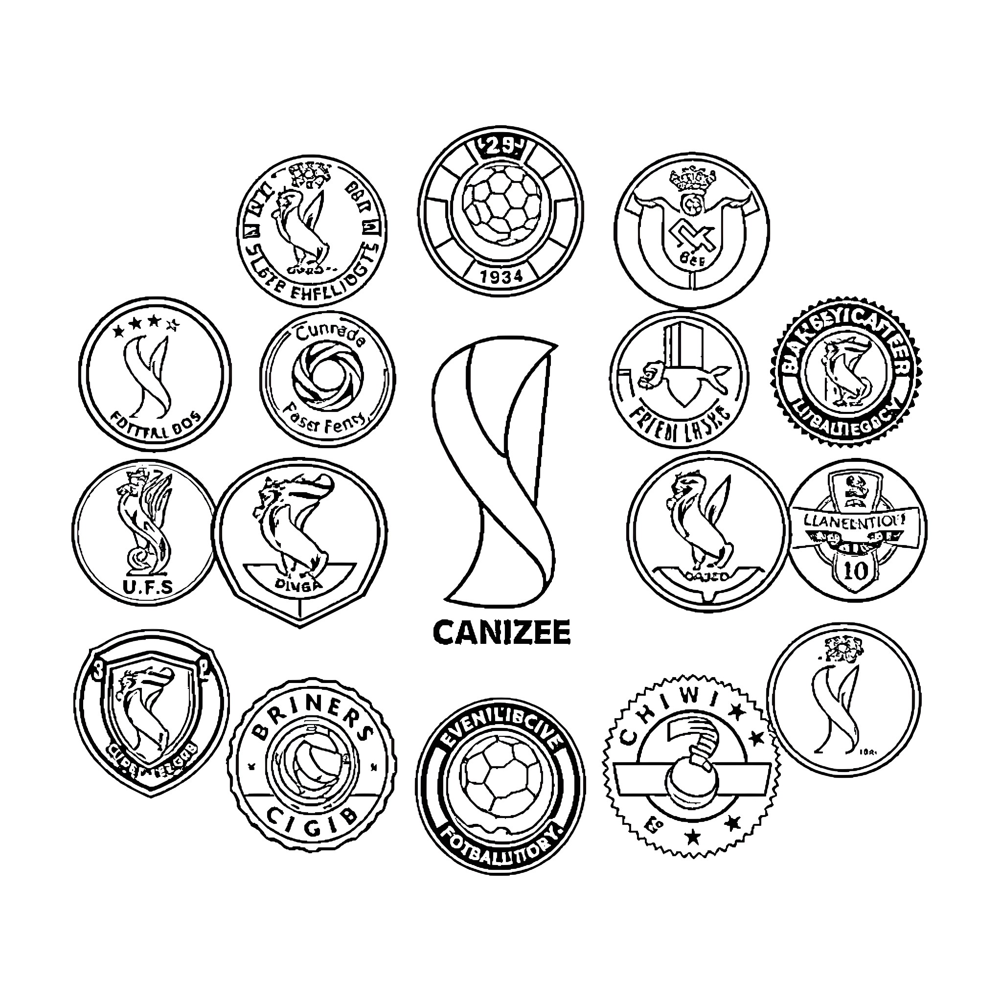 Championship Badge Collection of Sports Logos and Symbols Coloring Page (free black-and-white line drawing printable PDF for all, from beginners to advanced learners, including children, teens, adults, and seniors)