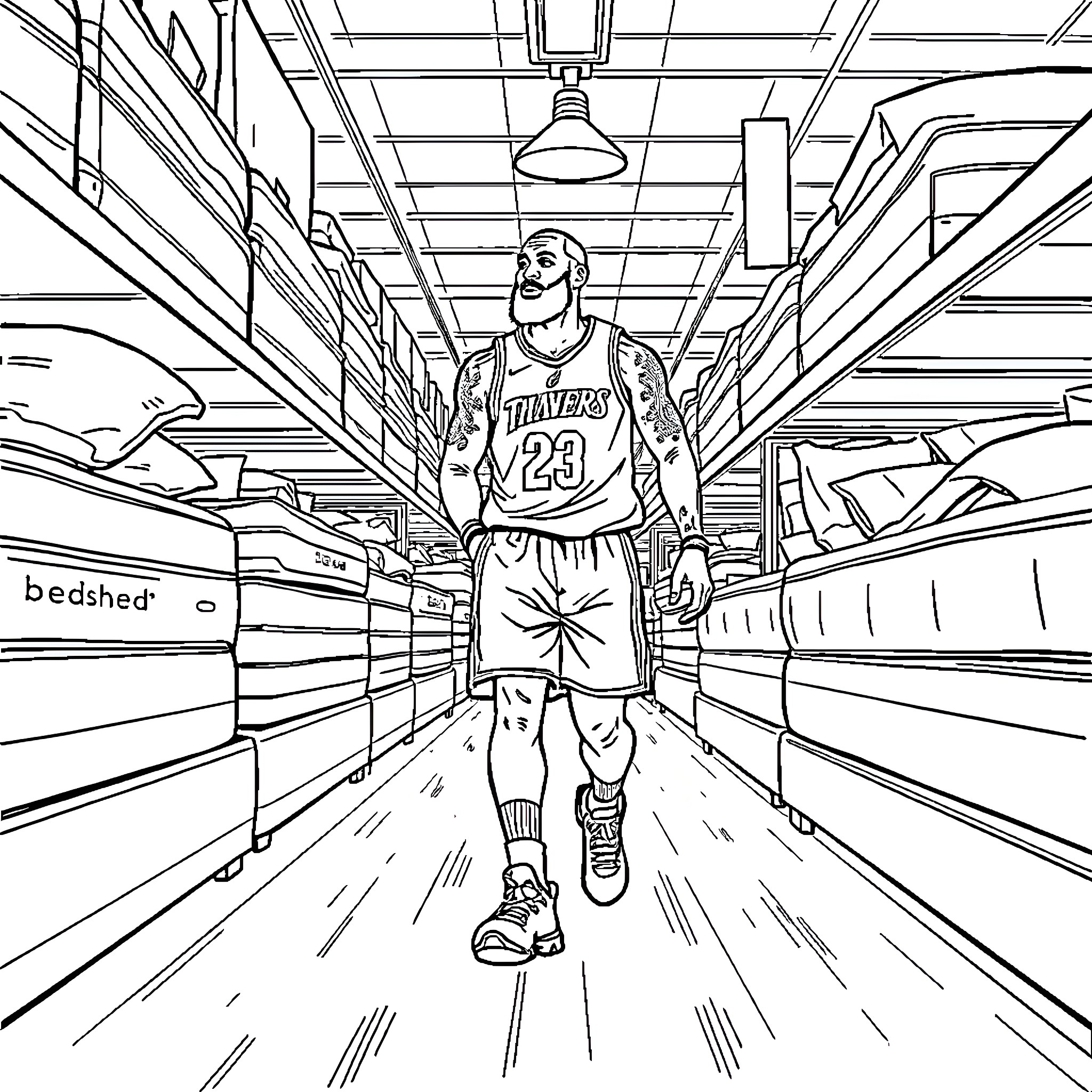 LeBron James Navigating Supermarket Aisles Coloring Page (free black-and-white line drawing printable PDF for all, from beginners to advanced learners, including children, teens, adults, and seniors)