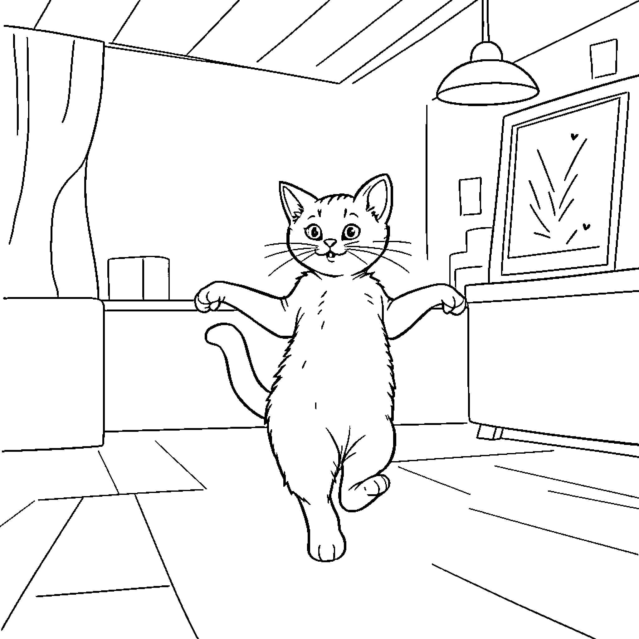 Cat exploring a cozy indoor space Coloring Page (free black-and-white line drawing printable PDF for all, from beginners to advanced learners, including children, teens, adults, and seniors)
