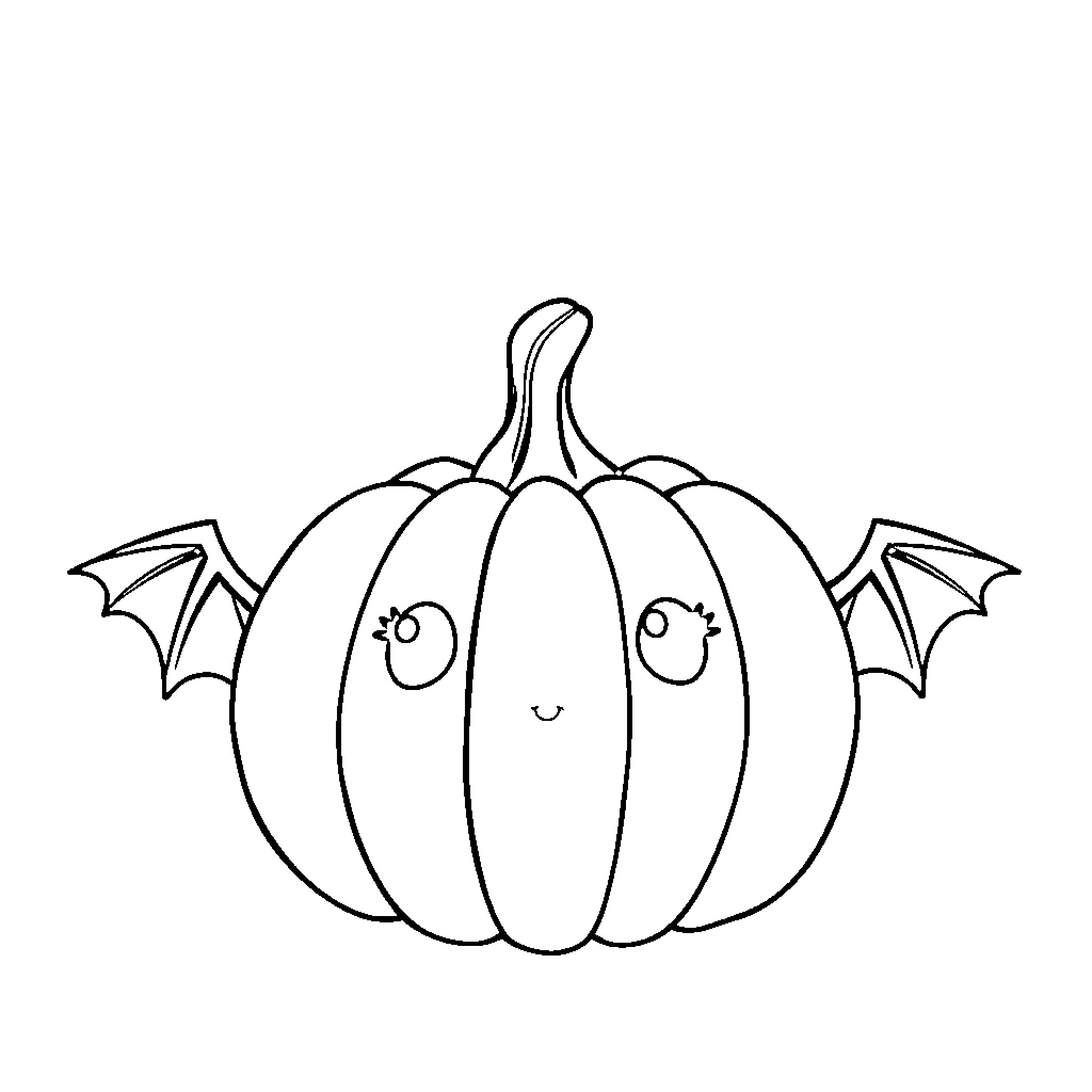 Pumpkin with bat wings and adorable expression Coloring Page (free black-and-white line drawing printable PDF for all, from beginners to advanced learners, including children, teens, adults, and seniors)