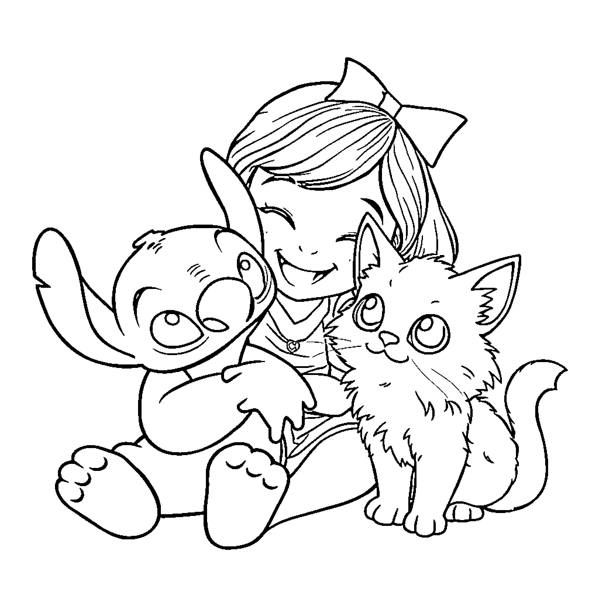 Angela playing with cute cartoon characters Coloring Page (free black-and-white line drawing printable PDF for all, from beginners to advanced learners, including children, teens, adults, and seniors)
